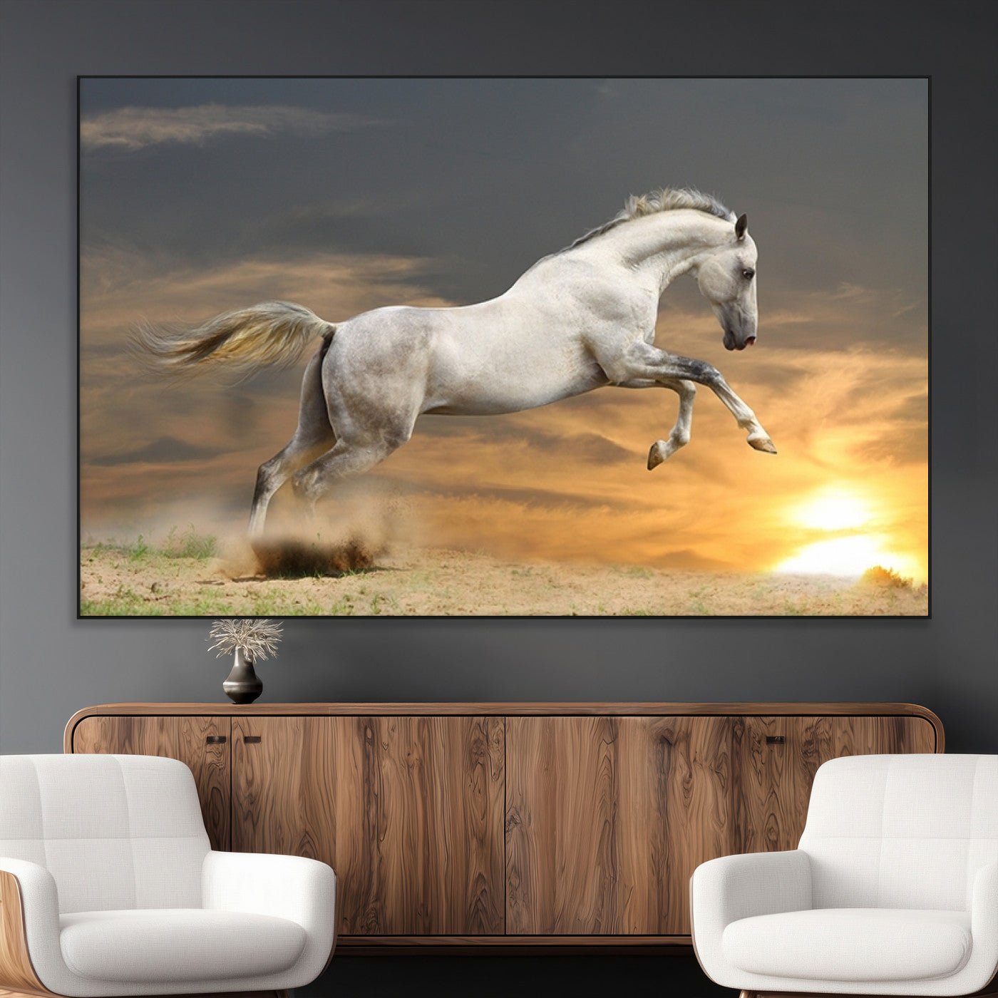SEG-FC-51X34_Oversize - Large Wall Art Animal Canvas Print - White Jumping Horse at Sunset