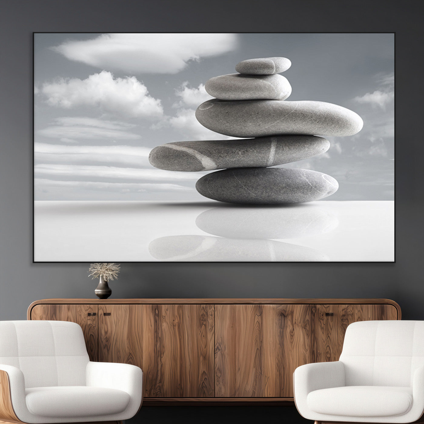 SEG-FC-51X34_Oversize - Still Life Black and White Zen Stones Wall Art Canvas, Framed Black and White Zen Stones Canvas