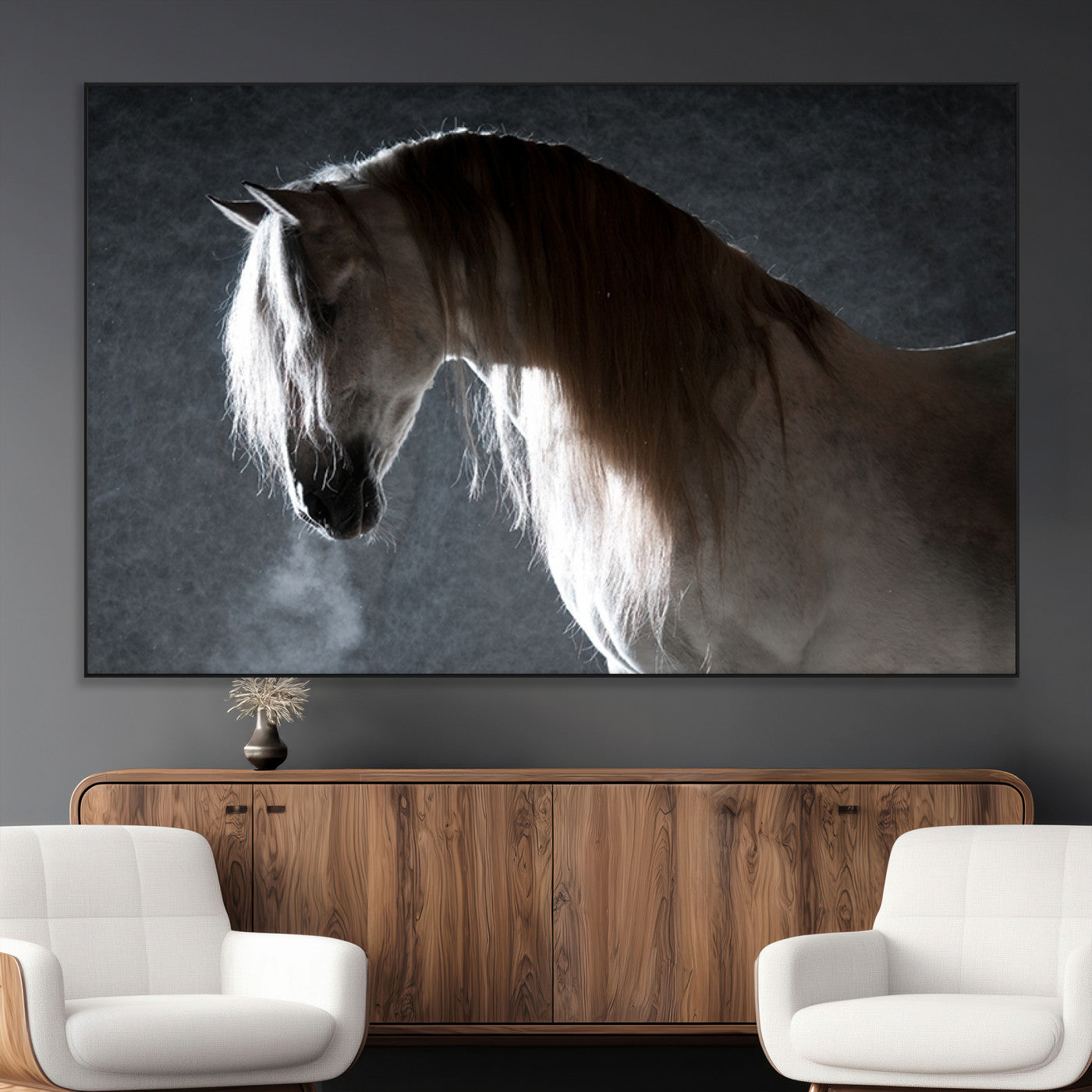SEG-FC-51X34_Oversize - Large Wall Art Cream Colored Horse on Grey Background Canvas Print