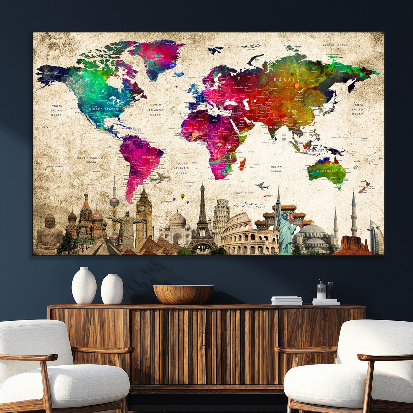 SEG-FC-51X34_Oversize - Push Pin World Map Canvas Print – Framed Wall Art for Couples to Track Their Travels – Anniversary