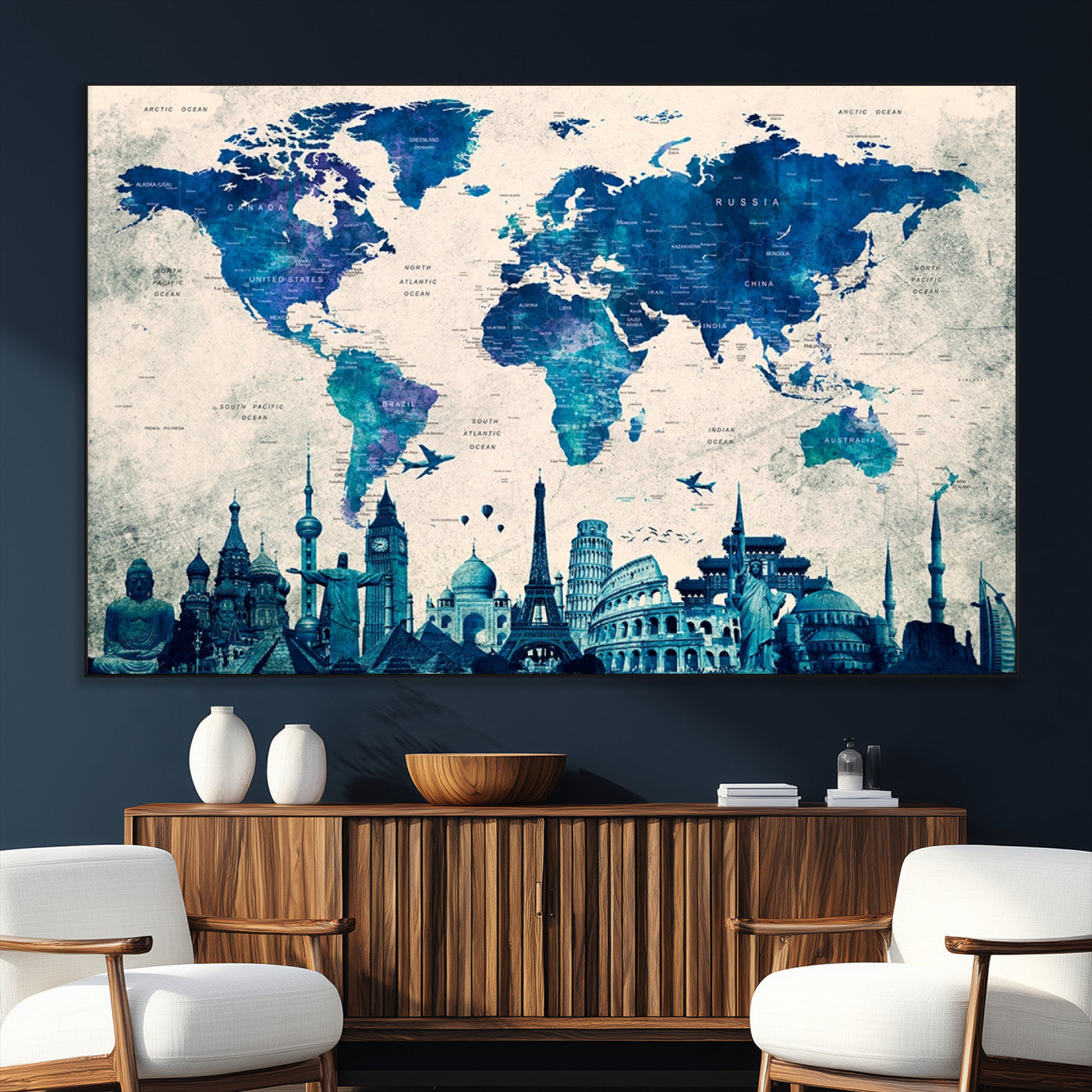 SEG-FC-51X34_Oversize - Navy Blue World Map Canvas Print, Wonder of World Map Push Pin Canvas Print