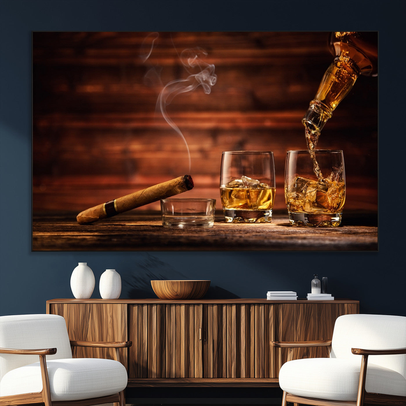 SEG-FC-51X34_Oversize - Whiskey and Cigar Wall Art Canvas | 3 Panel Bar Room Decor for Home Lounge, Office, or Man Cave |