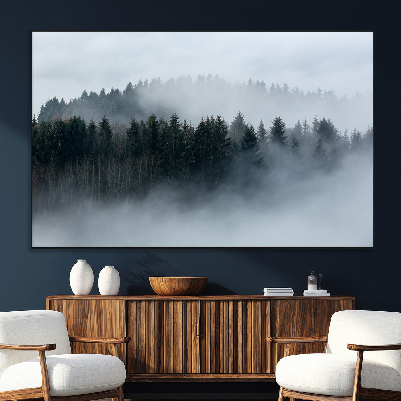 SEG-FC-51X34_Oversize - Autumn and Misty Trees in the Forest Wall Art Canvas Print, Foggy Forest Mountain Wall Art Canvas