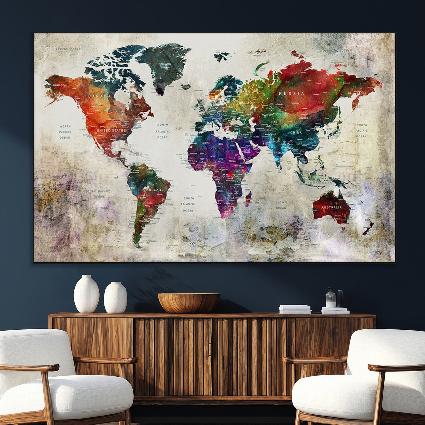 SEG-FC-51X34_Oversize - Push Pin World Map Canvas Print – Framed Wall Art for Couples to Track Their Travels – Anniversary
