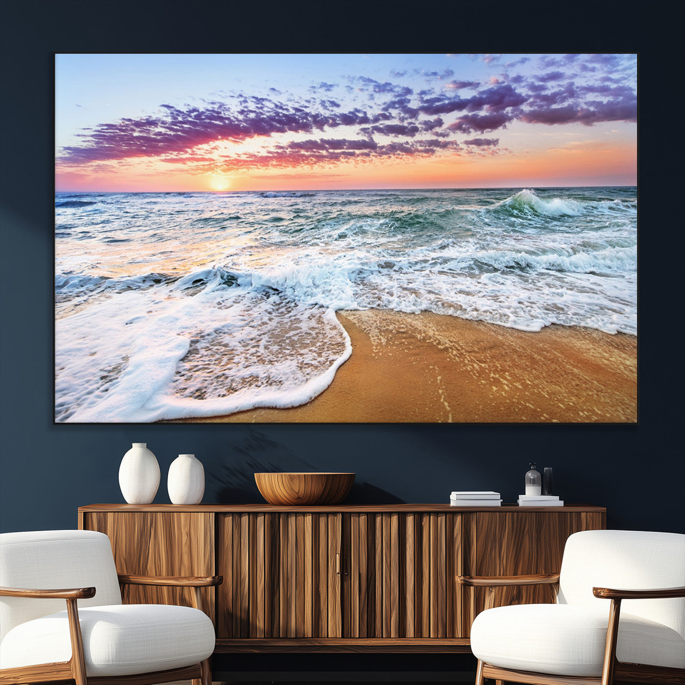 SEG-FC-51X34_Oversize - Coastal Sunset Art Beach Canvas Wall Art Print | Ocean Waves Wall Art | Large 3-Panel Seascape for