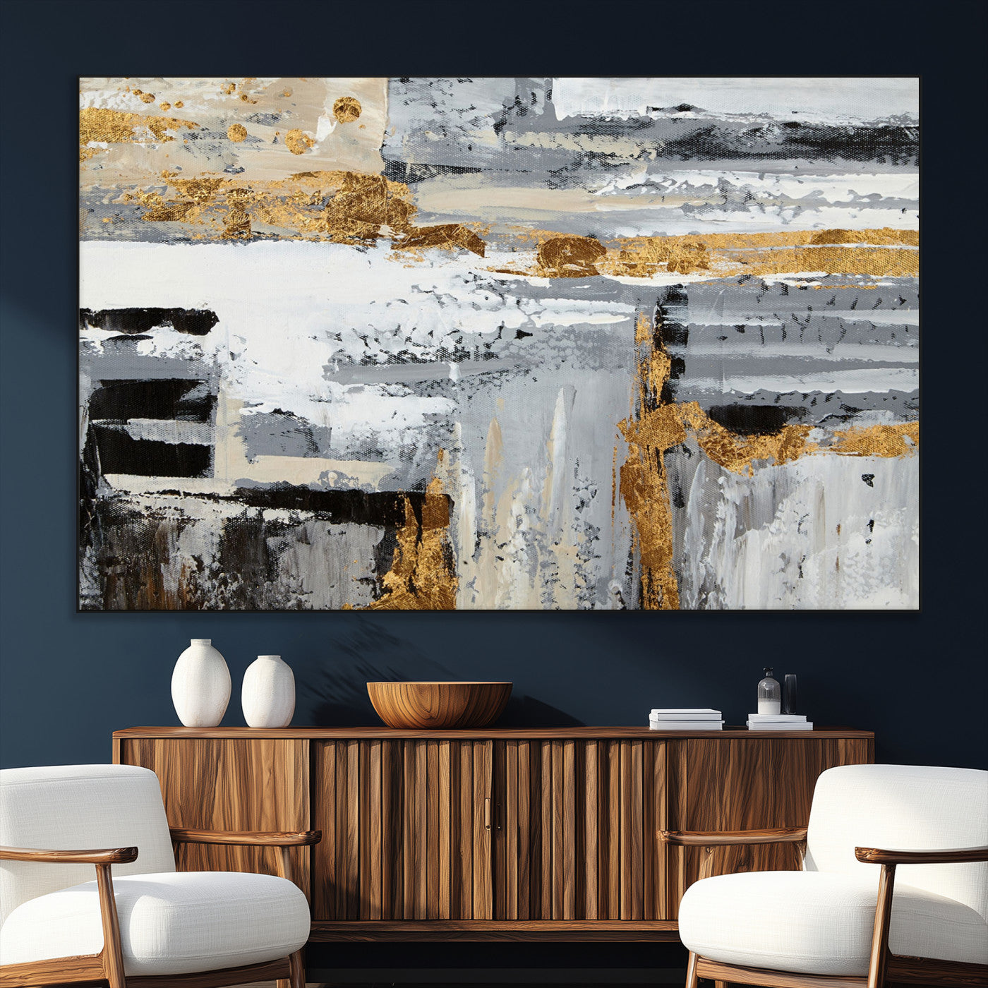 43177-SEG-FC-51X34_Oversize_Oversize-Abstract Painting Canvas Wall Art Print Paint Drip Art Brush Strokes Gray Artwork