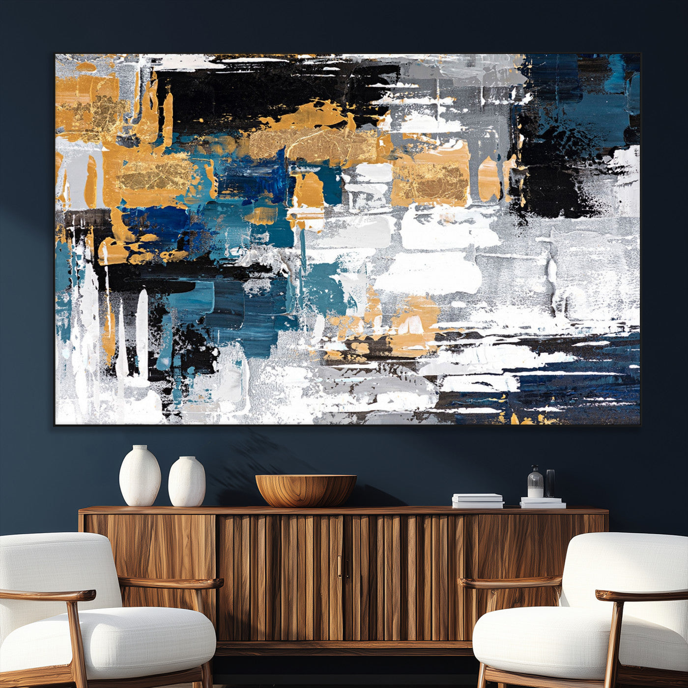 57708-SEG-FC-51X34_Oversize_Oversize-Blue and Gold Abstract Canvas Wall Art – Triptych Modern Painting for Living Room – Framed and Ready to Hang