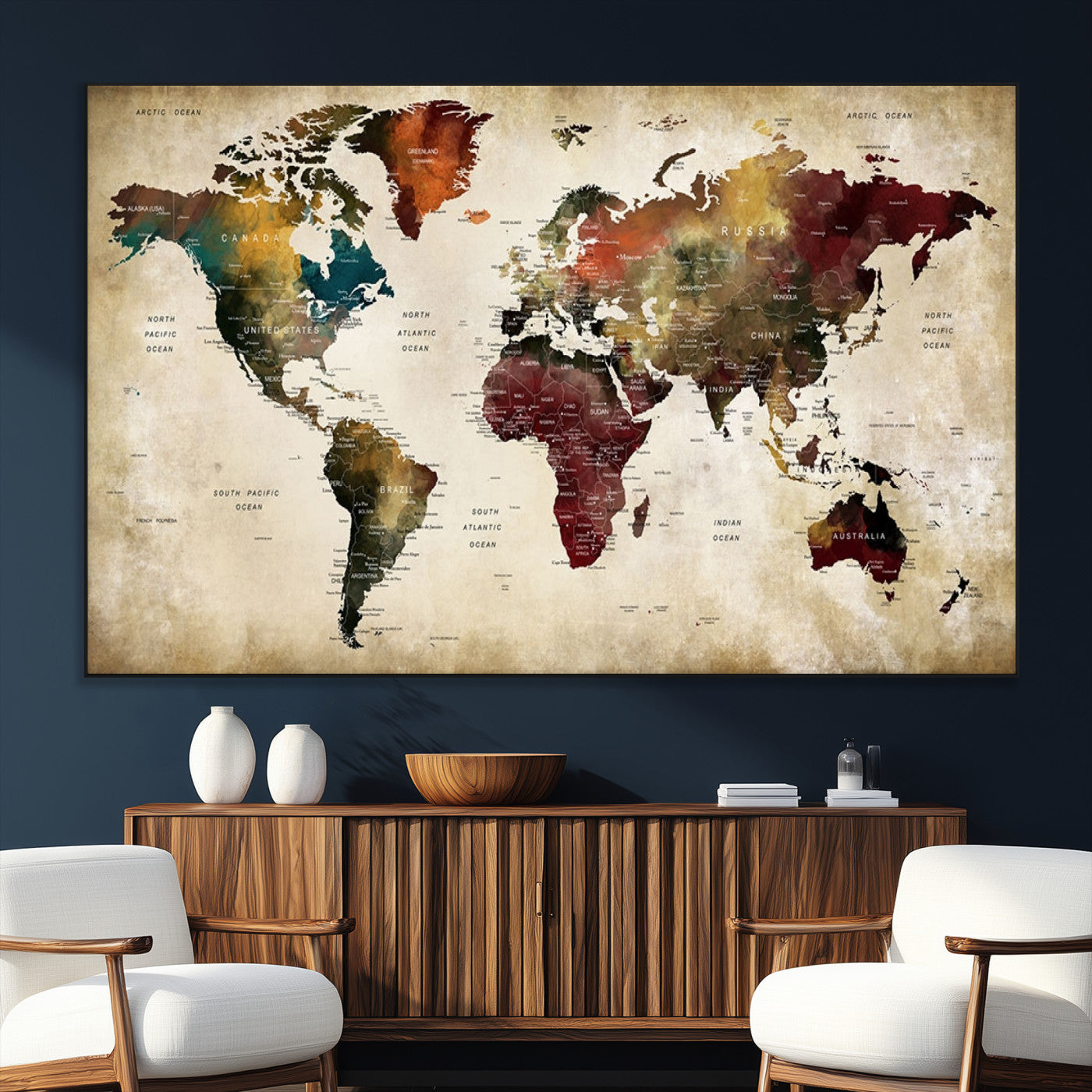 SEG-FC-51X34_Oversize - Large World Map Wall Art Canvas Print, Framed Push Pin Map Art Picture Print, Abstract Traveller Map Perfect Modern Decor Artwork