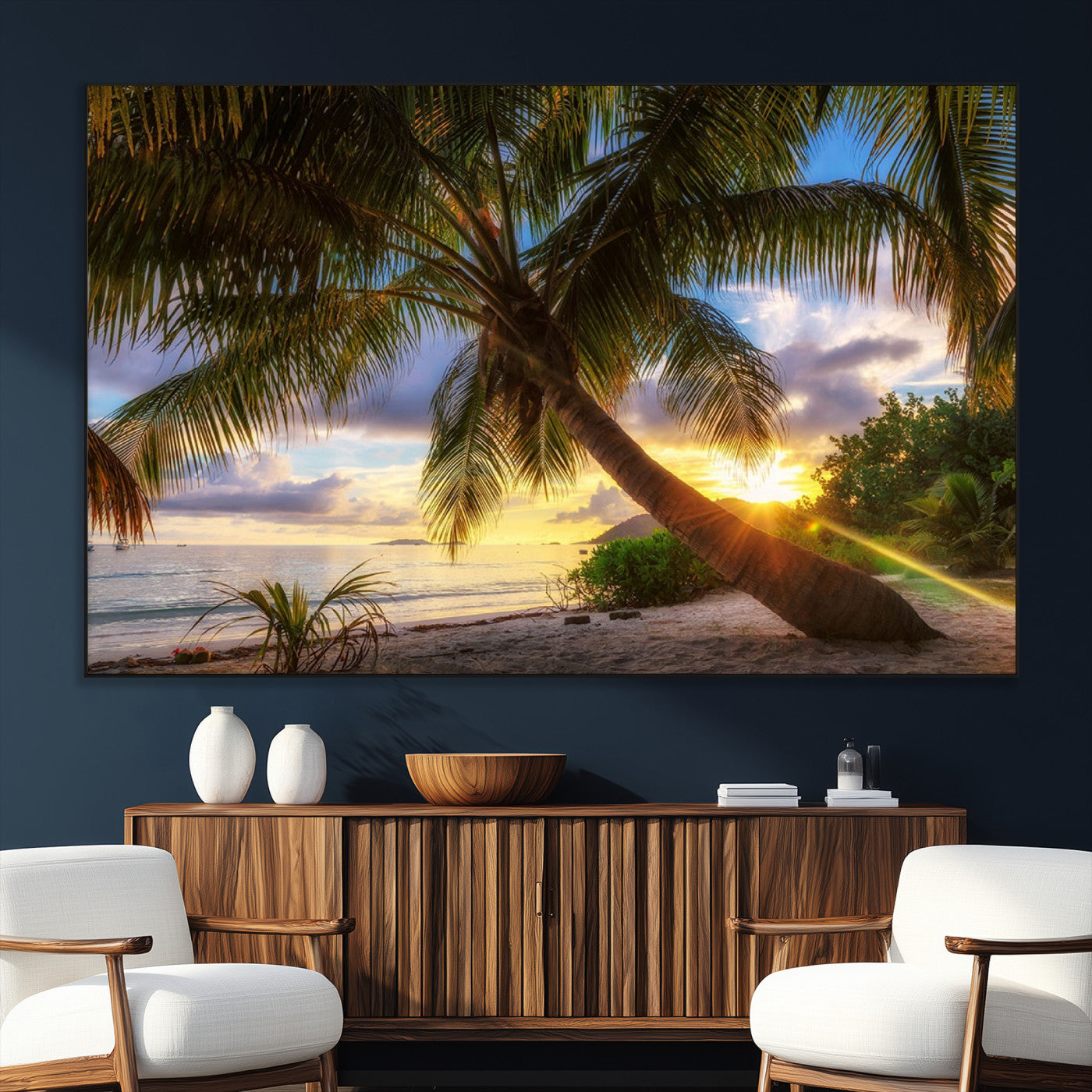 SEG-FC-51X34_Oversize - Tropical Island Sunset on the Beach Palms Wall Art Canvas Print