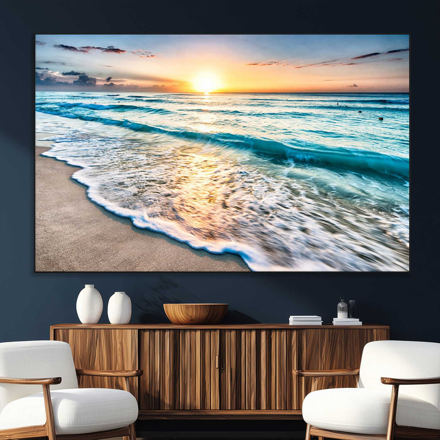 SEG-FC-51X34_Oversize - Sunset Beach Waves Canvas Wall Art – 5-Panel Ocean Sunset Print – Coastal Decor for Living Room or