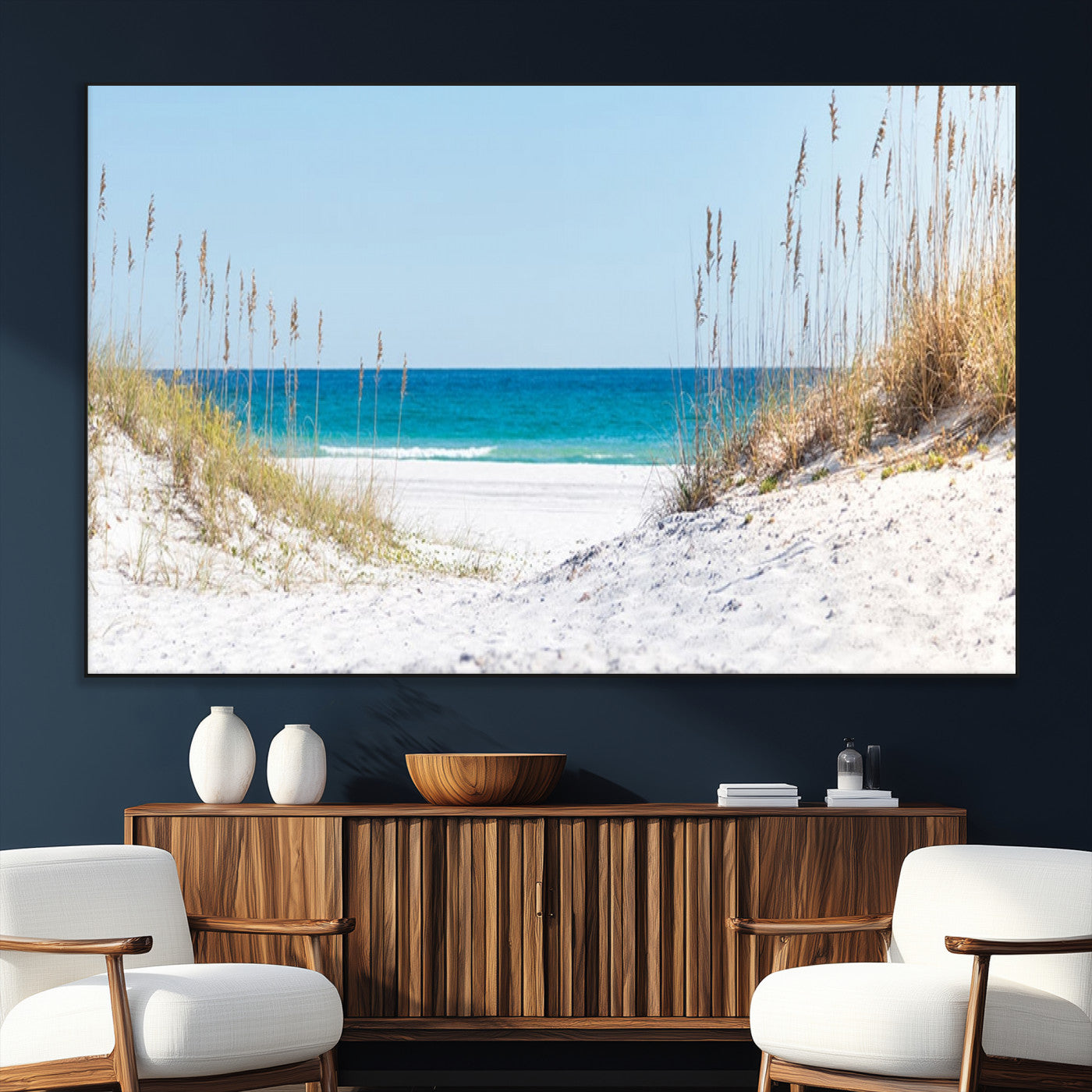 SEG-FC-51X34_Oversize - Serene Coastal Dune Path with Ocean View, 3-Panel Beach Canvas Wall Art, Tranquil Seascape Giclee