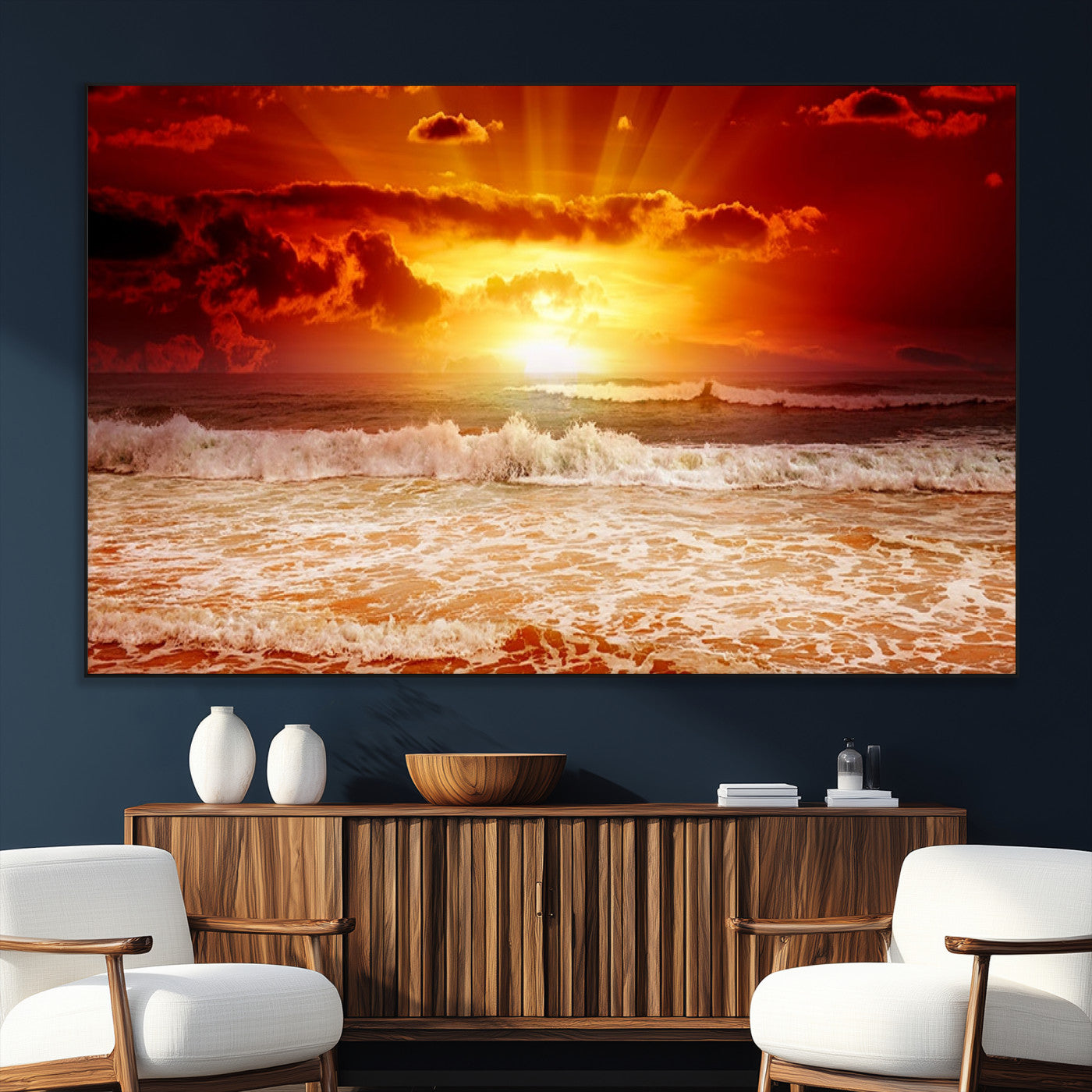 SEG-FC-51X34_Oversize - Red Sunset Ocean Beach Canvas Wall Art Beach Canvas, Coastal Sunset Print
