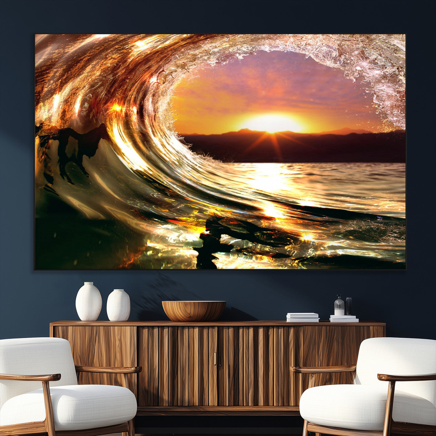 SEG-FC-51X34_Oversize - Golden Wave Sunset Triptych Canvas Art, Giclee Canvas Print of Ocean Wave and Sunset, Framed Ocean