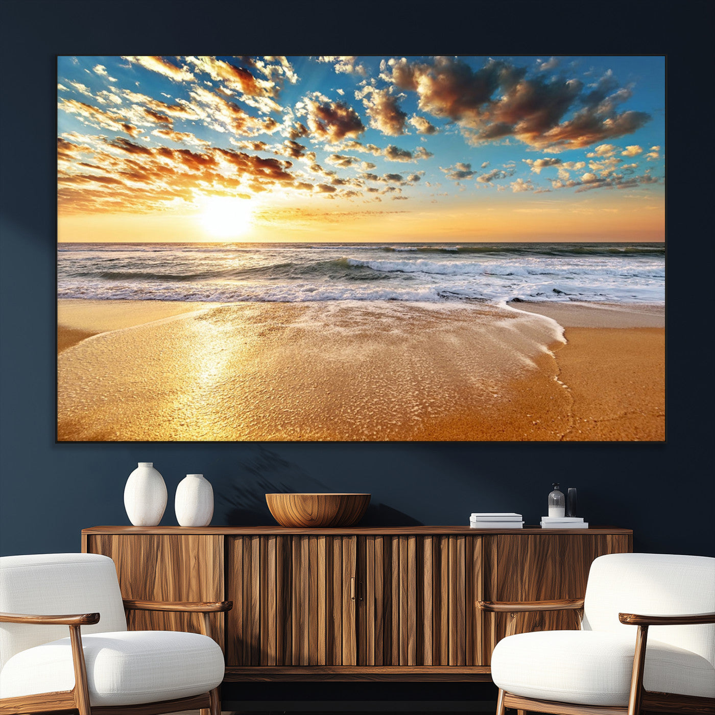 SEG-FC-51X34_Oversize - Golden Sunset Beach Print Canvas Wall Art, Giclee Canvas Print with Canon Print Quality, Triptych