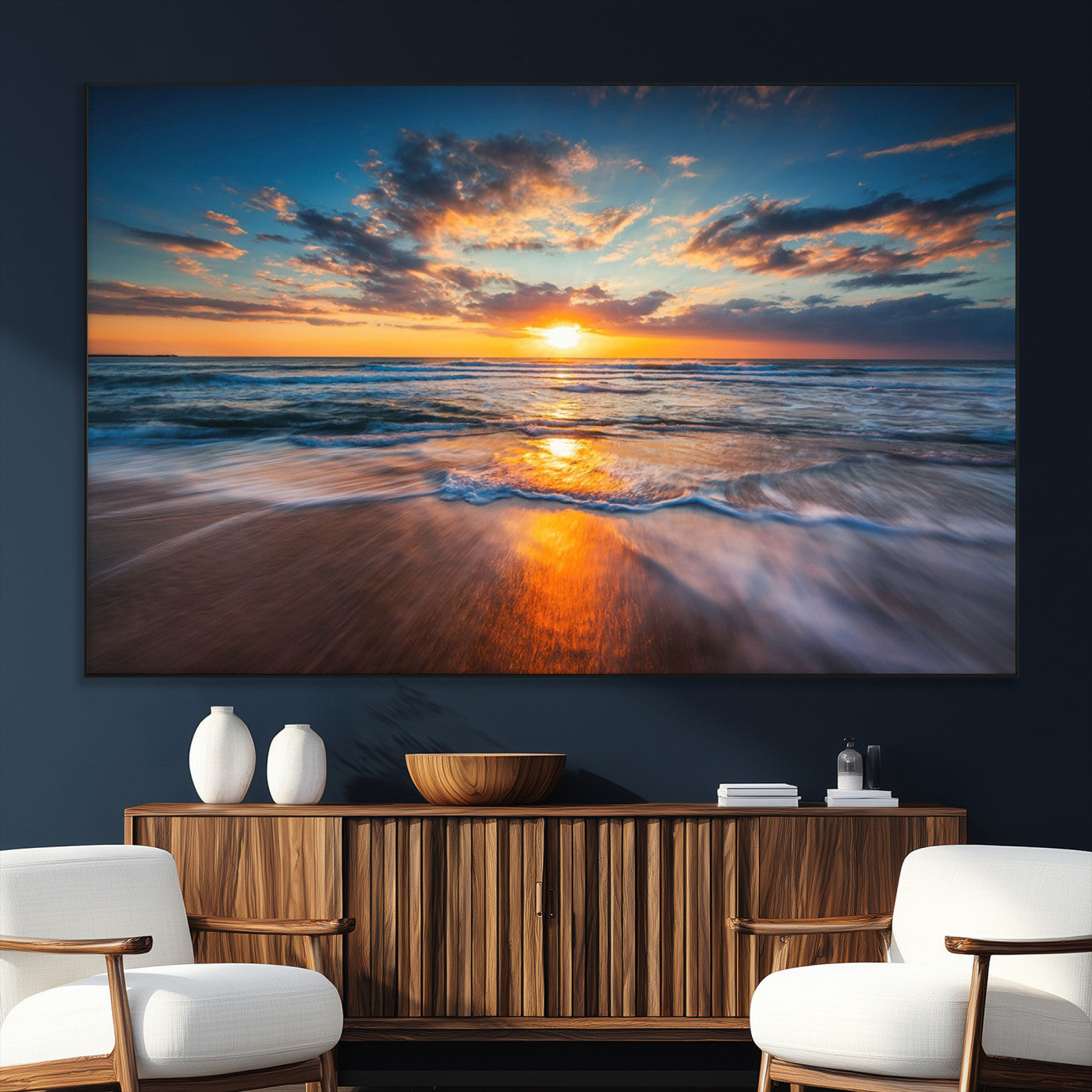 SEG-FC-51X34_Oversize - Sunset on the Ocean Beach with Waves, Reflections on Sand, Coastal Wall Art Print, Beach Wall Art,