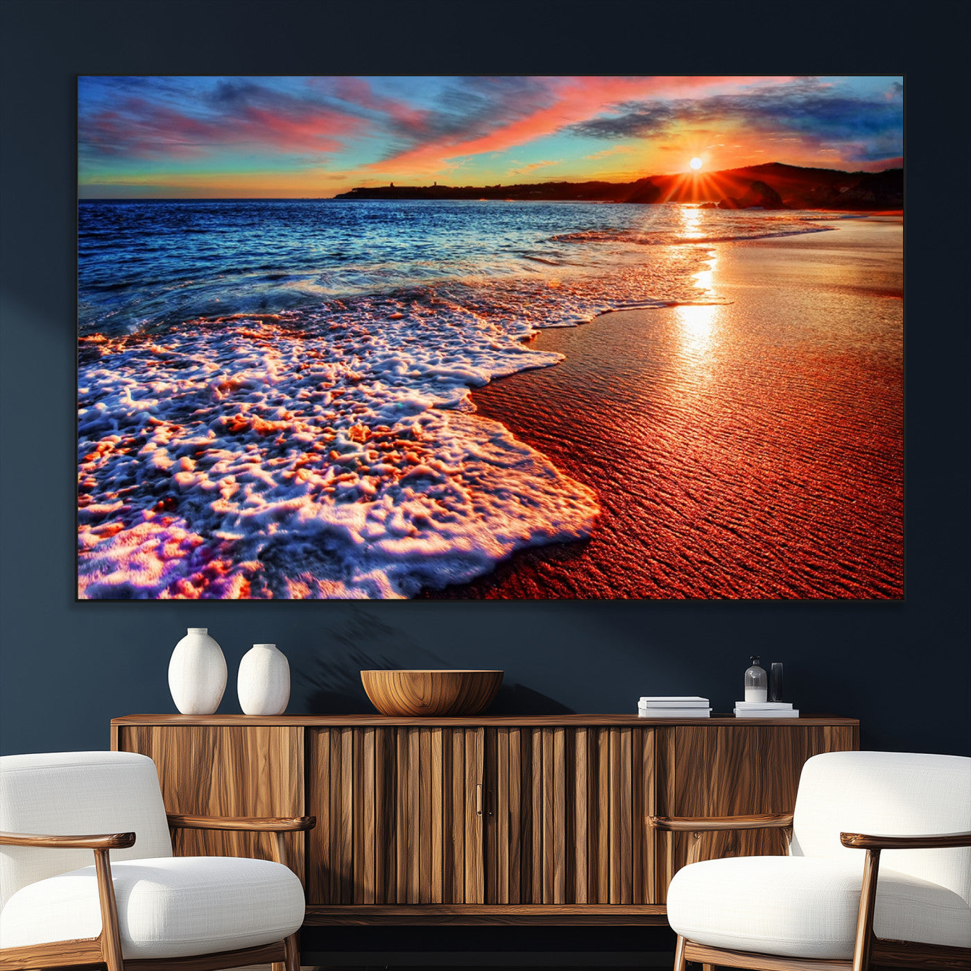 SEG-FC-51X34_Oversize - Colorful Coastal Sunset on the Beach Canvas Print, Ocean Waves Crashing at Dusk, Multi-Panel