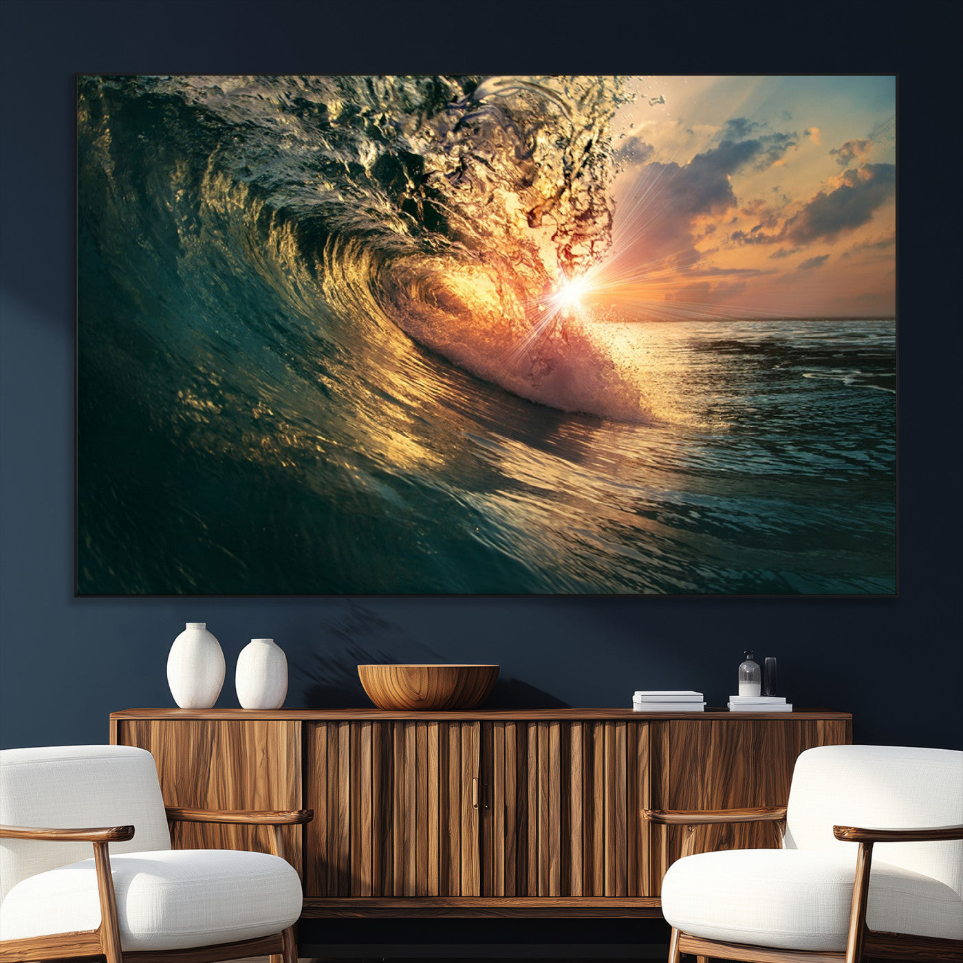SEG-FC-51X34_Oversize - Ocean Wave Sunset Canvas Wall Art – Triptych Seascape Print – Framed and Ready to Hang for Living