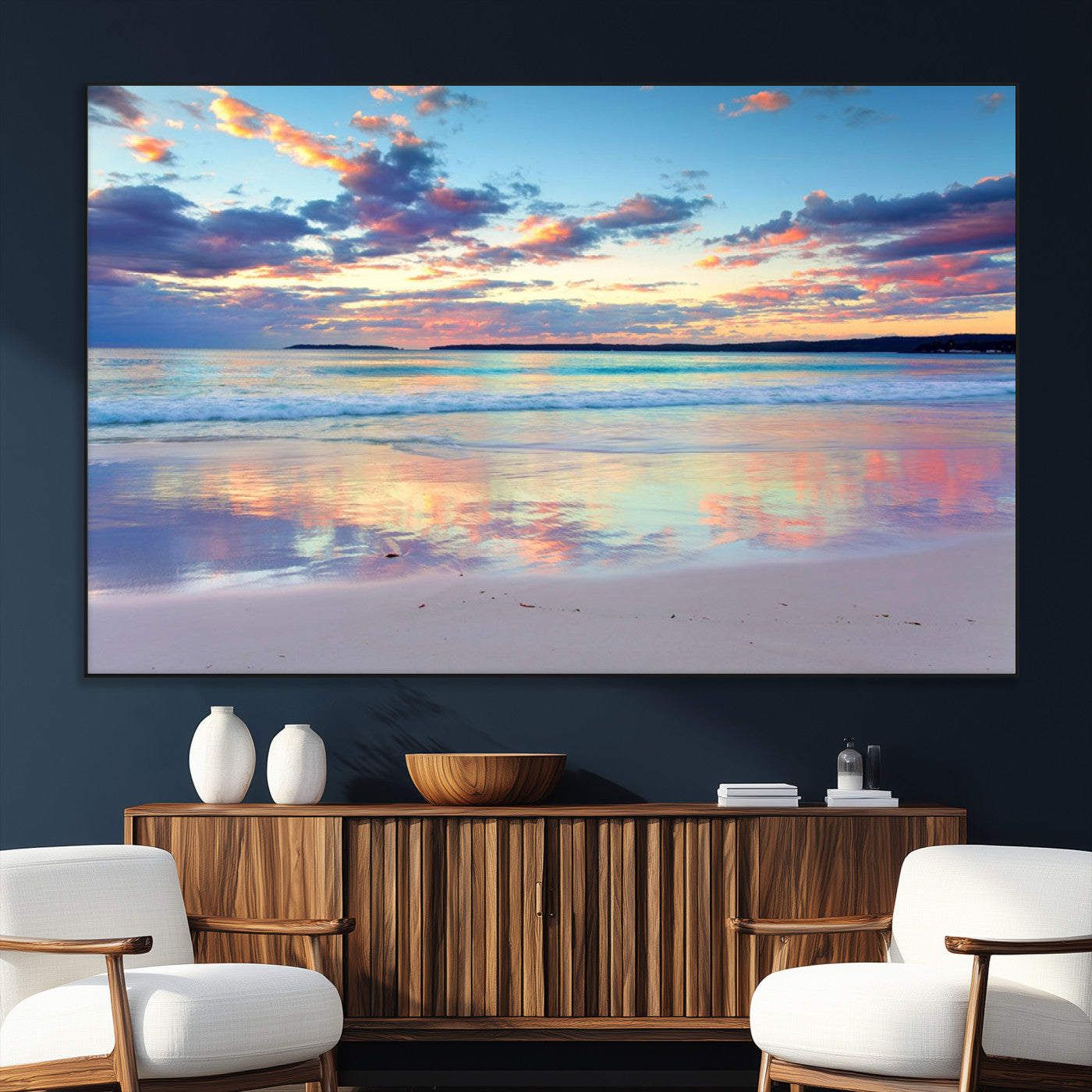 SEG-FC-51X34_Oversize - Tranquil Pastel Sunset Beach Triptych Canvas Art, Soothing Coastal Ocean Shoreline Giclee Print,