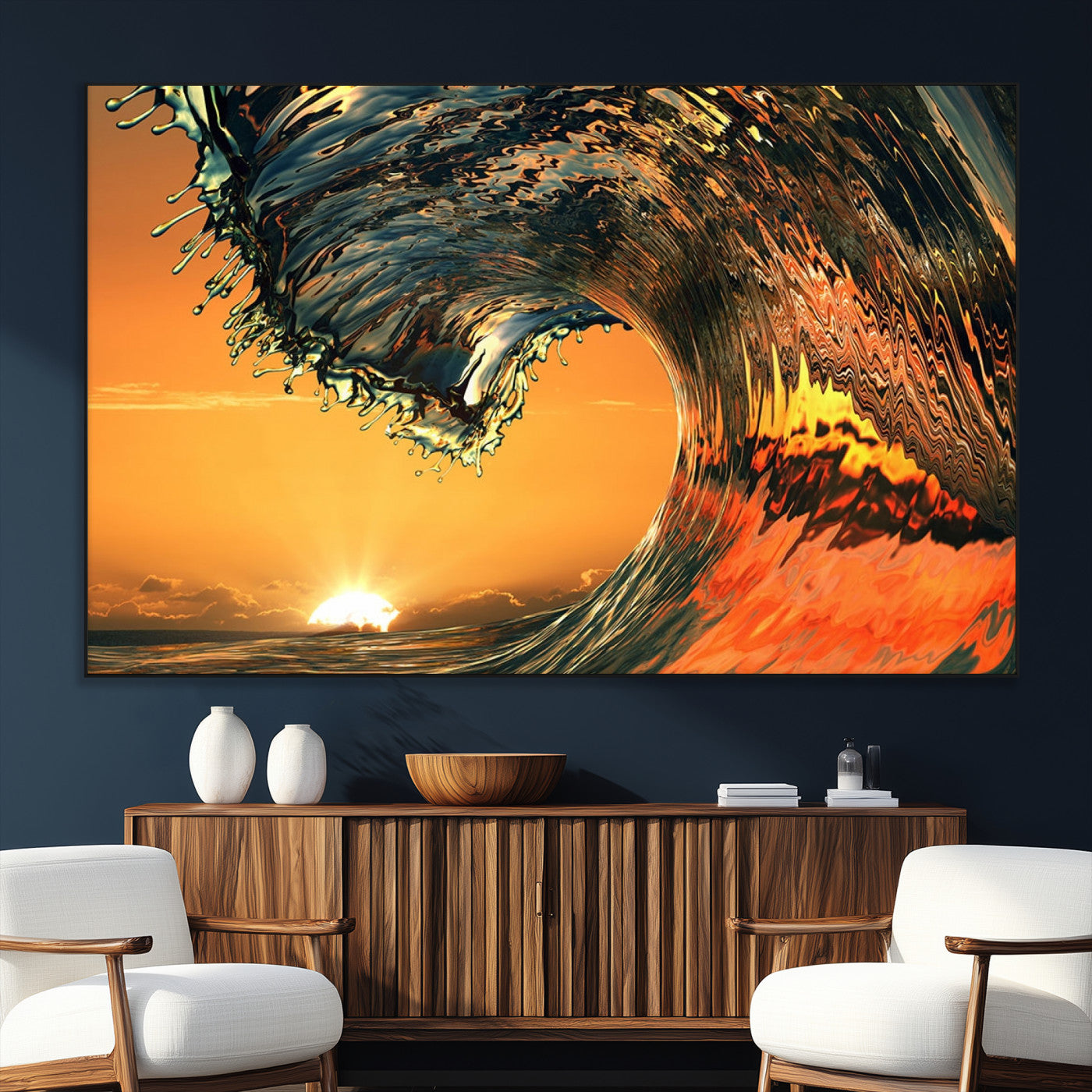 -Surf Wave Sunset Canvas Wall Art Print, 3-Panel Ocean Coastal Wall Art Print, Ocean Decor for