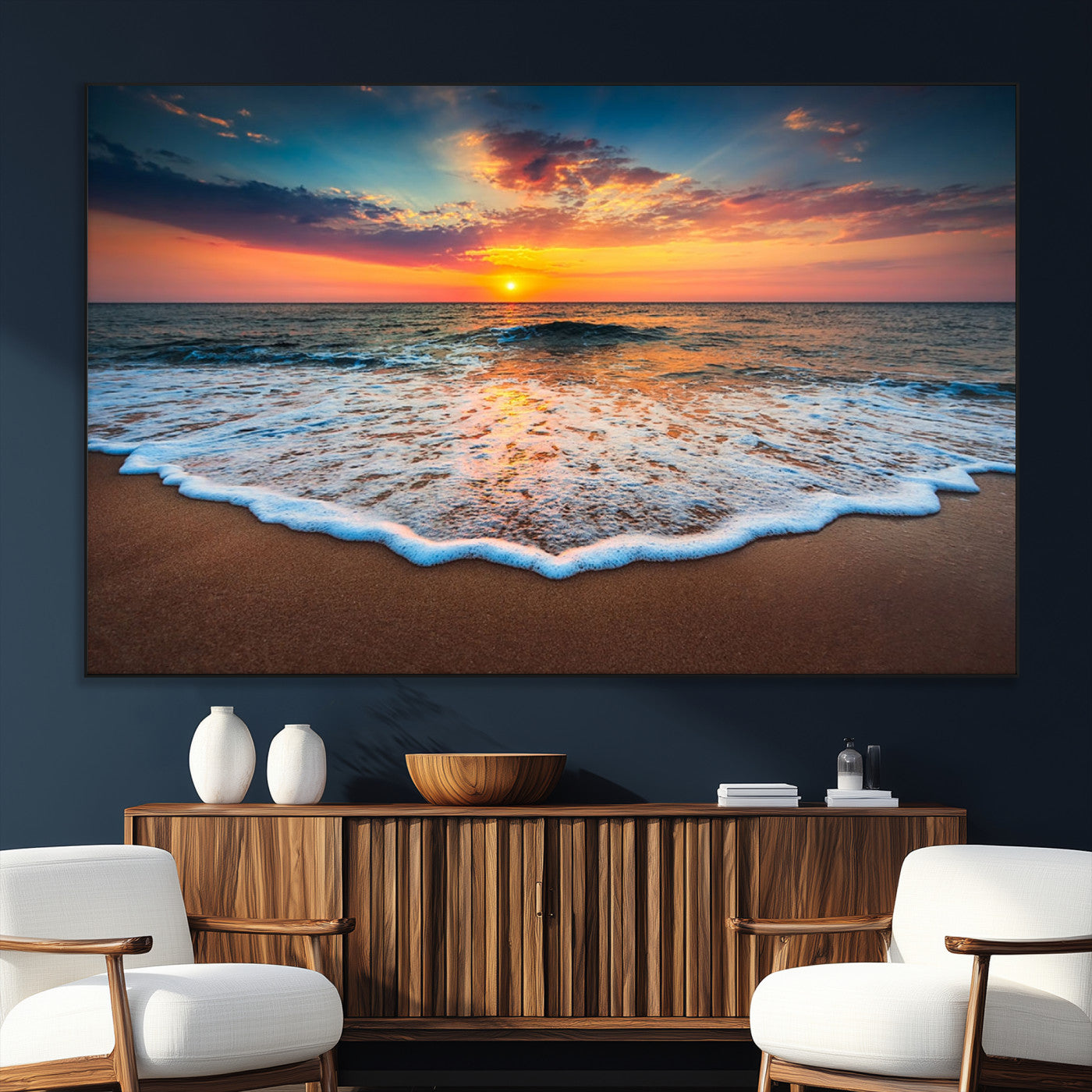 SEG-FC-51X34_Oversize - Sunset Beach Canvas Wall Art – Colorful Ocean Waves Triptych – Coastal Decor for Living Room or