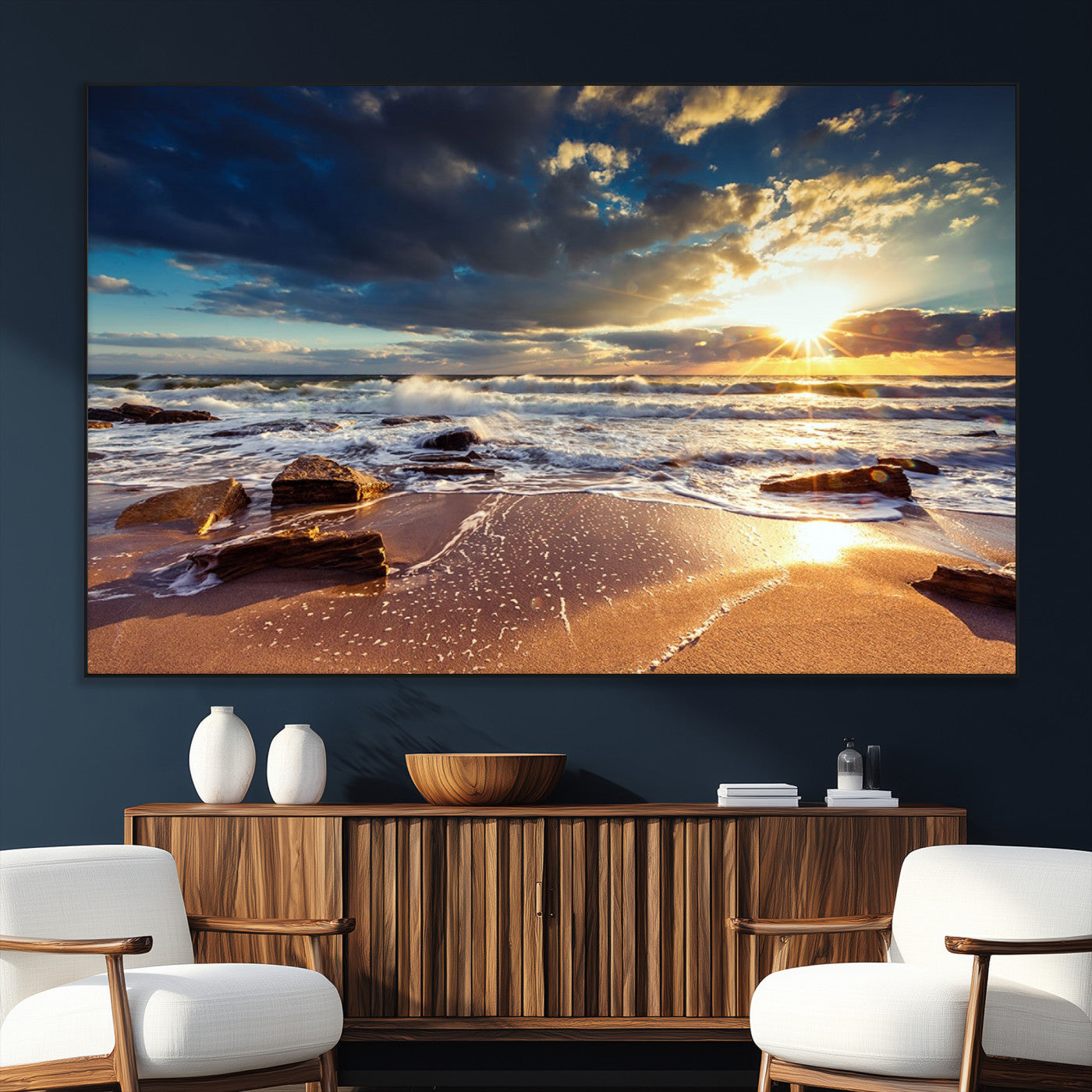 SEG-FC-51X34_Oversize - Golden Hour Beach Sunset Canvas Triptych, Ocean Waves and Rocks Wall Art for Coastal Home Decor