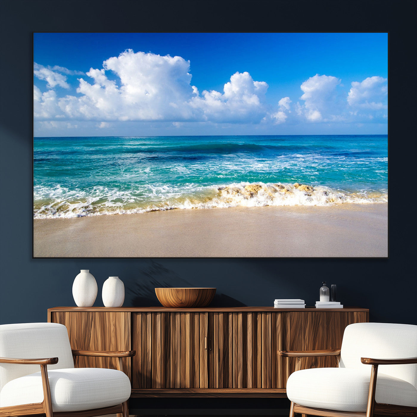 SEG-FC-51X34_Oversize - Tropical Beach 3-Panel Canvas Wall Art – Serene Ocean Waves and Blue Sky Wall Art Print