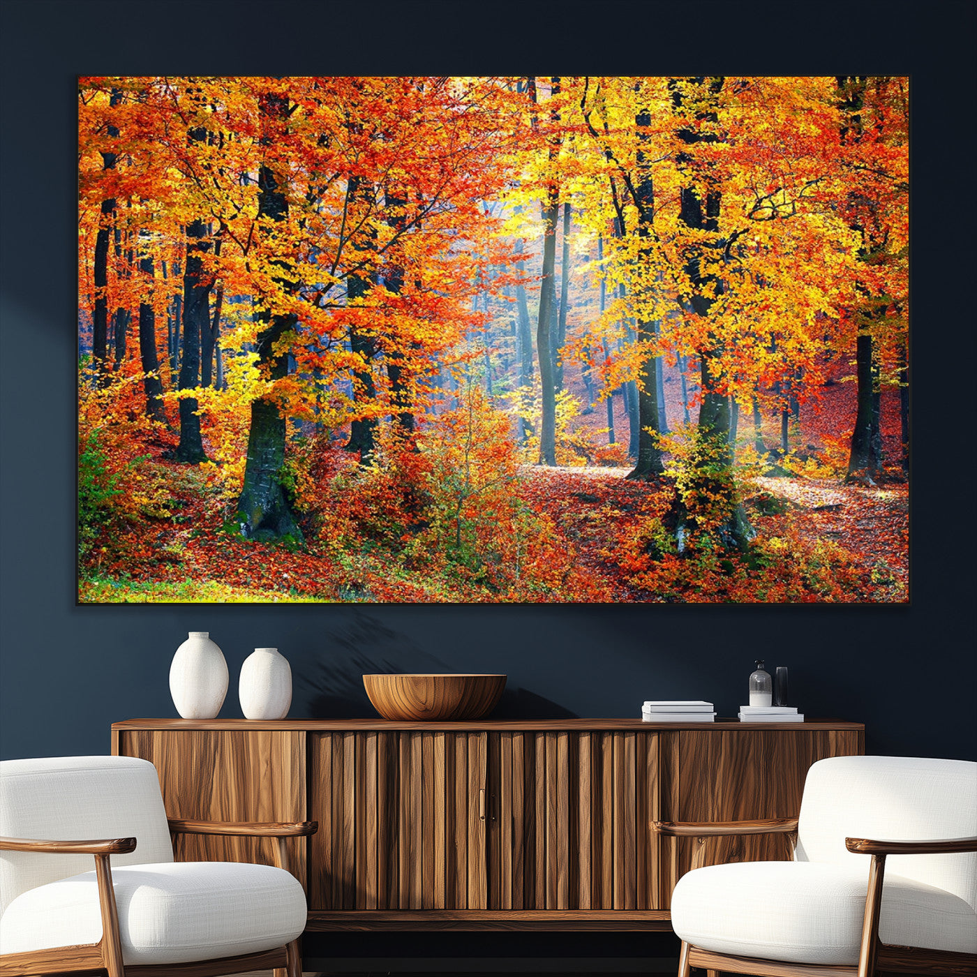 SEG-FC-51X34_Oversize - Autumn Red Forest Triptych Canvas Wall Art Print, Forest Wall Decor, Fall Landscape Art | Season