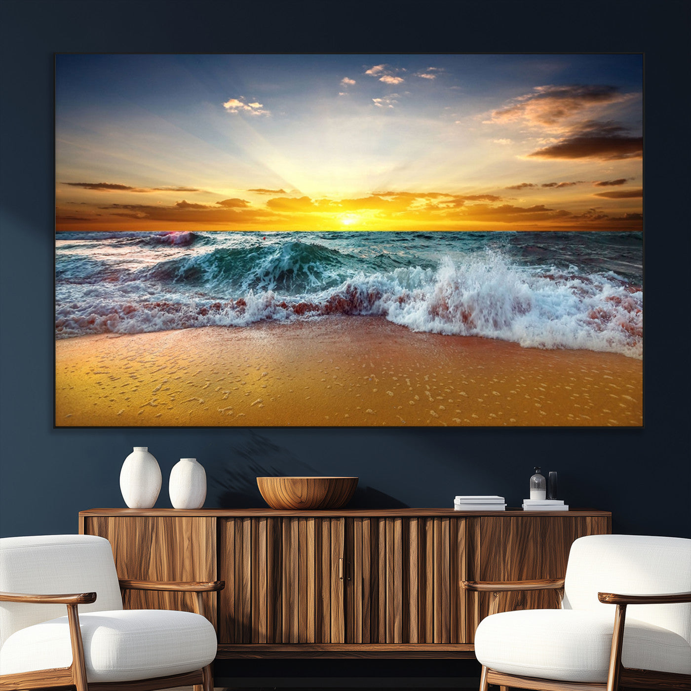 73401-SEG-FC-51X34_Oversize_Oversize-Golden Sunset Ocean Waves Wall Art Canvas Print – Multi Panel Beach Canvas Print Set – Large Coastal