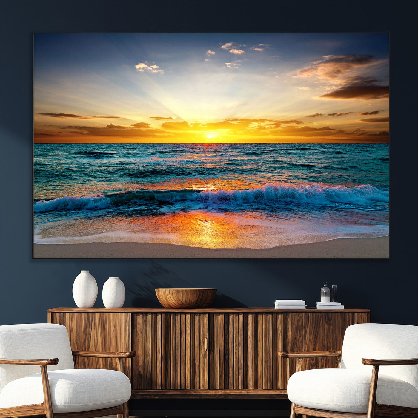 50627-SEG-FC-51X34_Oversize_Oversize-Vibrant Ocean Sunrise Over Golden Beach Waves, Giclee Canvas Wall Art Set, High-Quality Stretched
