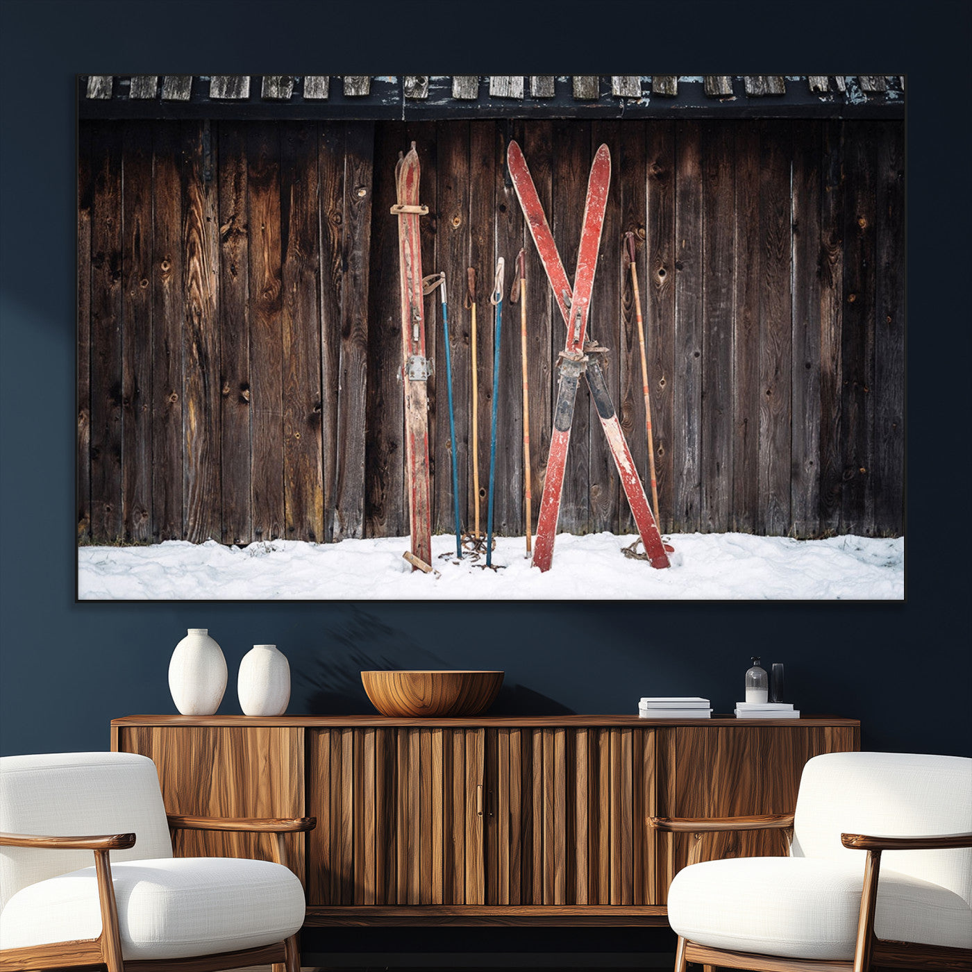 SEG-FC-51X34_Oversize - Vintage Ski Gear Canvas Print, Vintage Ski Gear Against Wooden Cabin Wall, Rustic Winter Sports