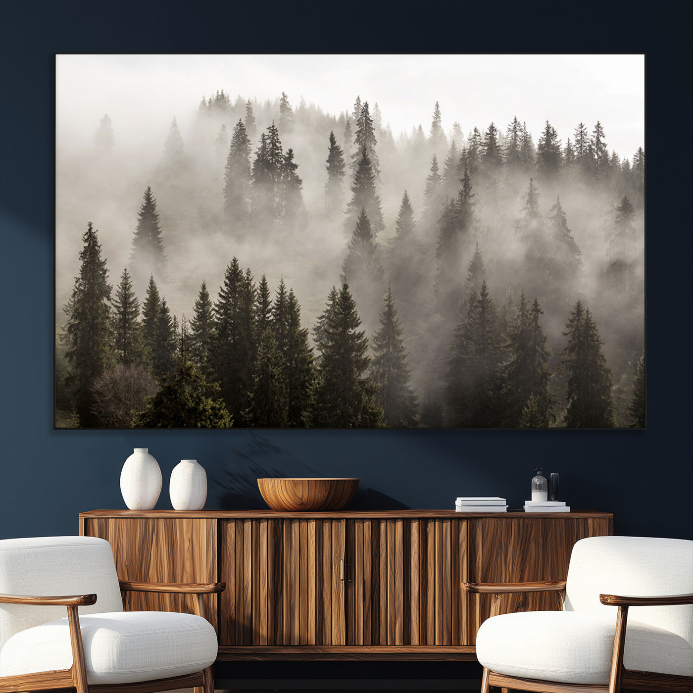 SEG-FC-51X34_Oversize - Foggy Mountain Wall Art | 3-Panel Foggy Forest and Mountain Landscape | Large Giclee Print for