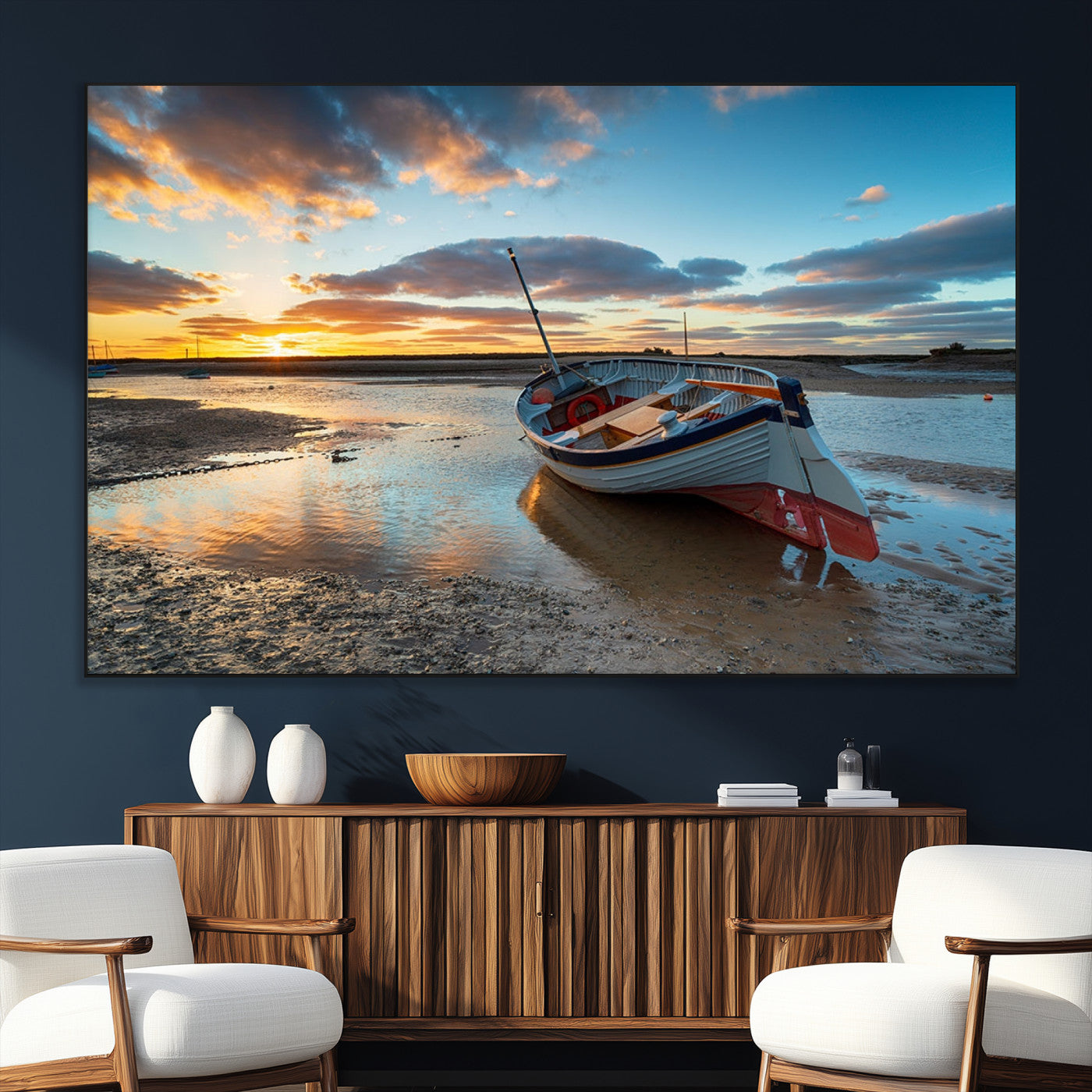 SEG-FC-51X34_Oversize - Small Boat At The Beach Sunset Wall Art, Boat Sunset Wall Art Canvas Print