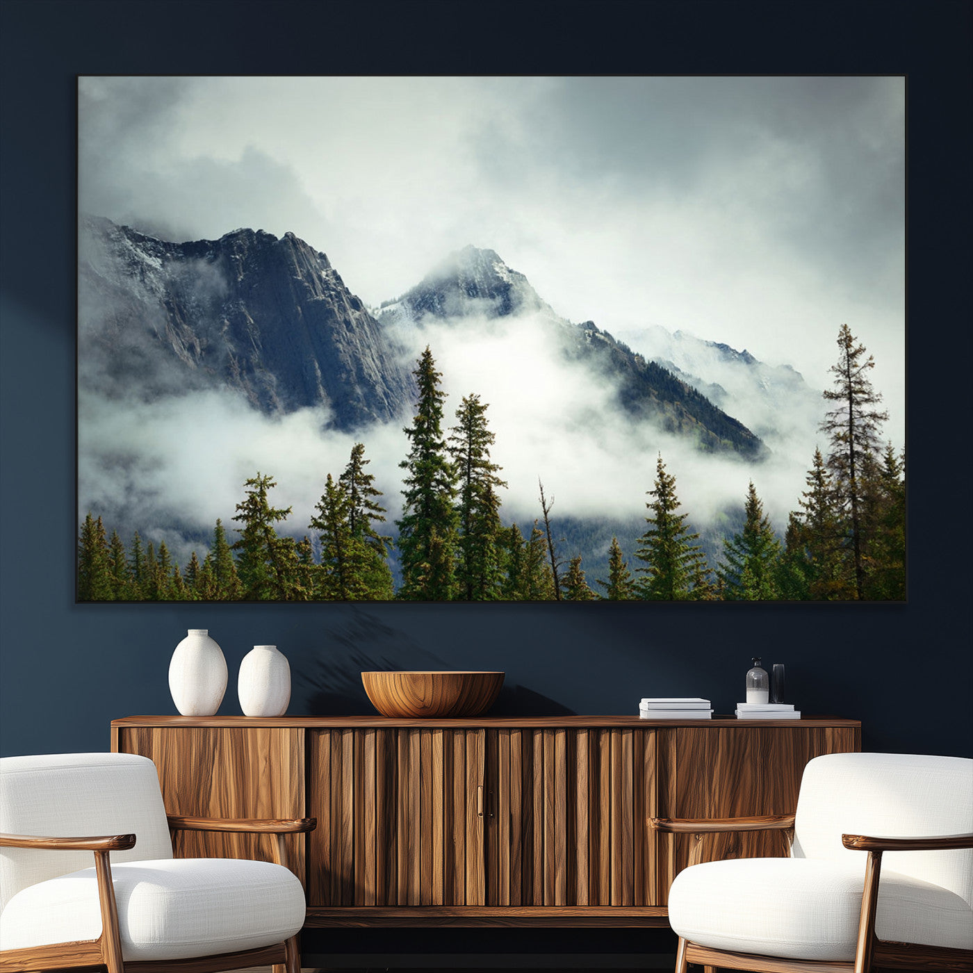 SEG-FC-51X34_Oversize - Mountain Mist Canvas Wall Art Print | 3-Panel Foggy Forest and Mountain Landscape | Large Giclee