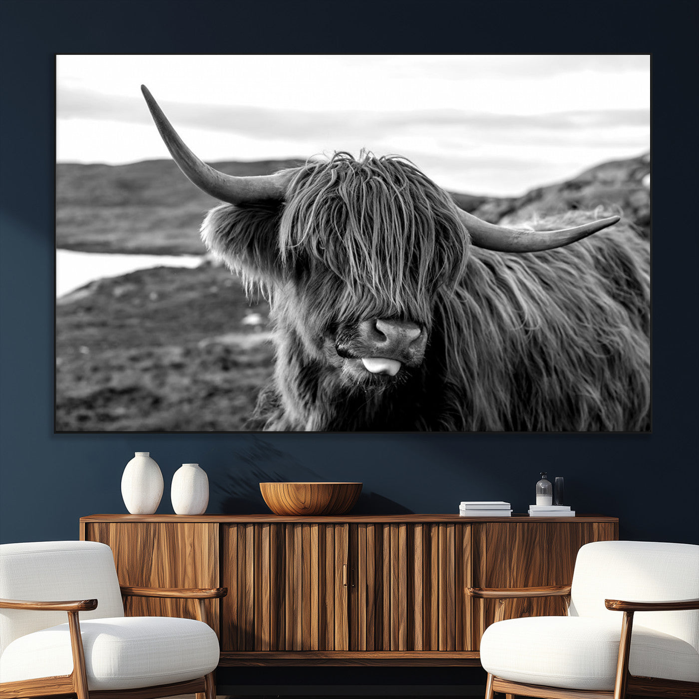 SEG-FC-51X34_Oversize - Longhorn Steer Canvas Print Wall Art, Highland Cow Canvas Wall Art – Black and White Animal Portrait