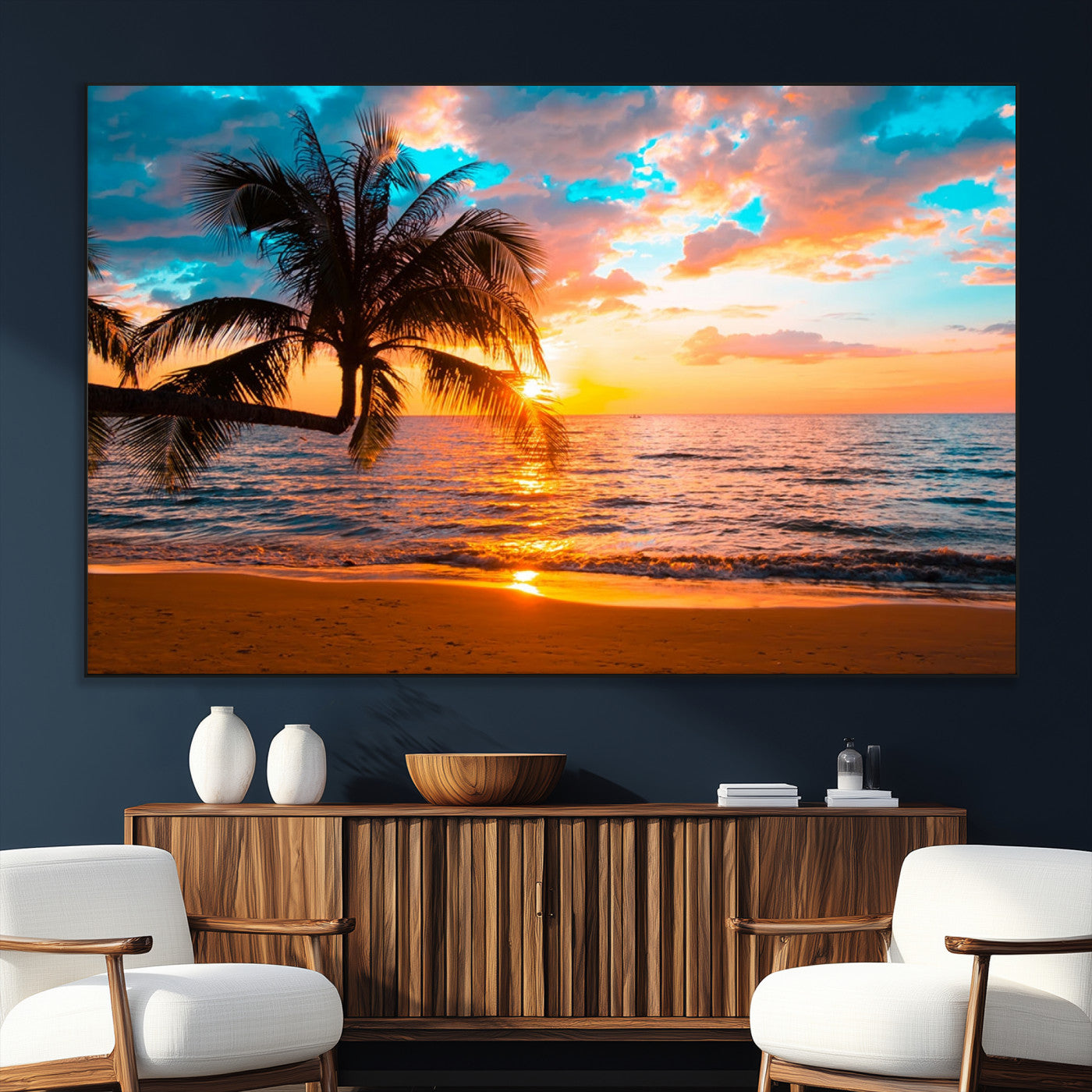 -Palm Tree Sunset On The Beach Wall Art Canvas, Framed Palm Tree Sunset Canvas Print