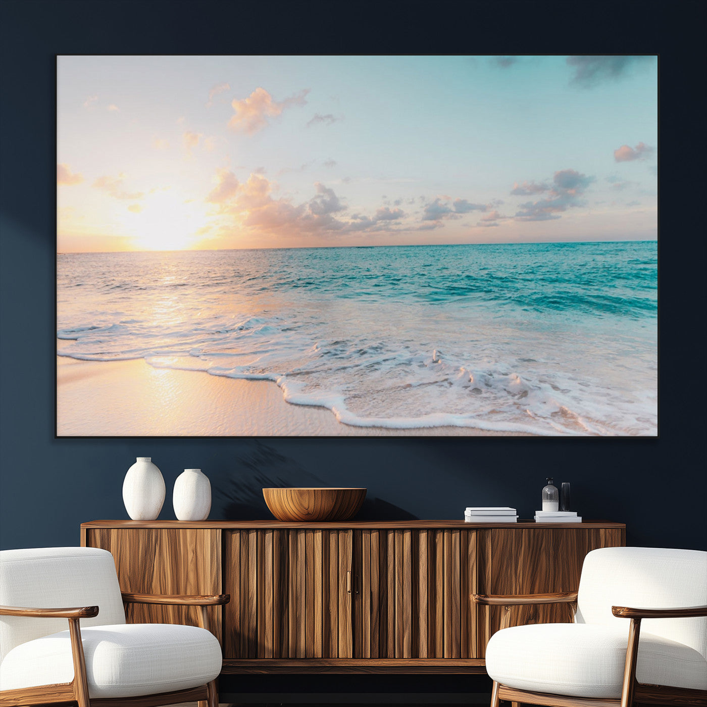 SEG-FC-51X34_Oversize - Tranquil Ocean Beach Sunset Canvas Wall Art | 3-Panel Coastal Decor