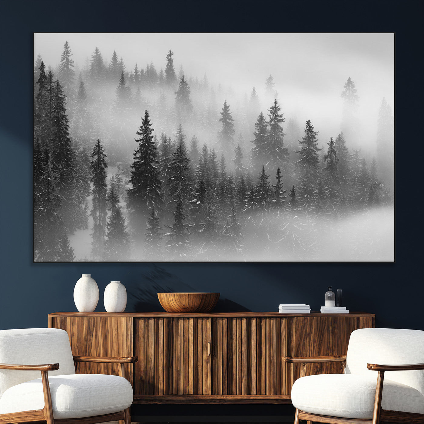 SEG-FC-51X34_Oversize - Black and White Forest Wall Art Print – Misty Pine Tree Canvas Print – Winter Woodland Nature Artwork – Perfect for Minimalist Home Decor