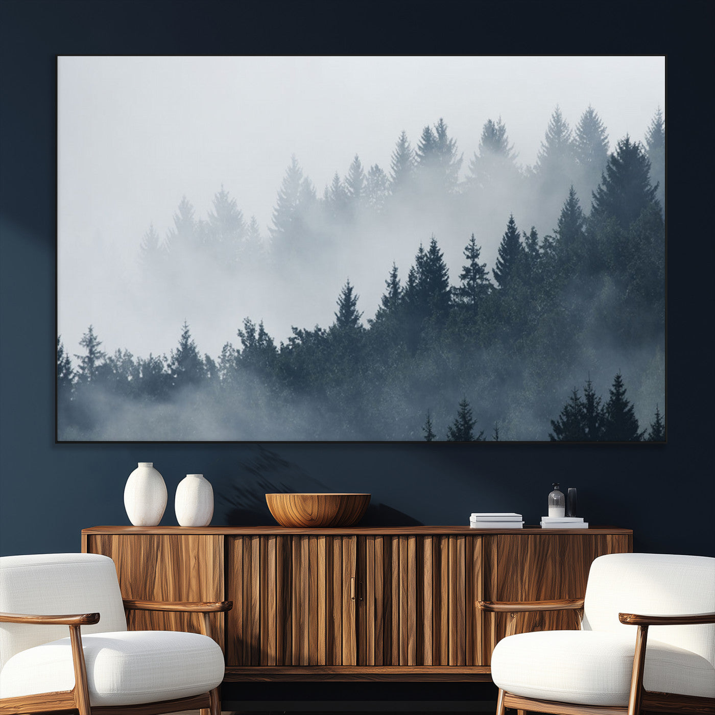 SEG-FC-51X34_Oversize - Misty Forest Wall Art Print – Foggy Pine Tree Canvas Print – Dark Woodland Nature Artwork – Perfect for Minimalist and Modern Home Decor