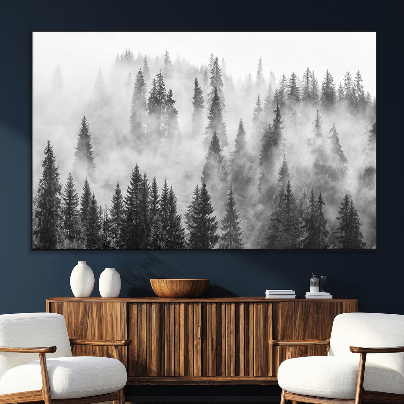 SEG-FC-51X34_Oversize - Forest Wall Art Print | Foggy Pine Forest Canvas Wall Art - Black and White Nature-Inspired Decor for Living Room, Modern Forest Landscape Print, Ready to Hang