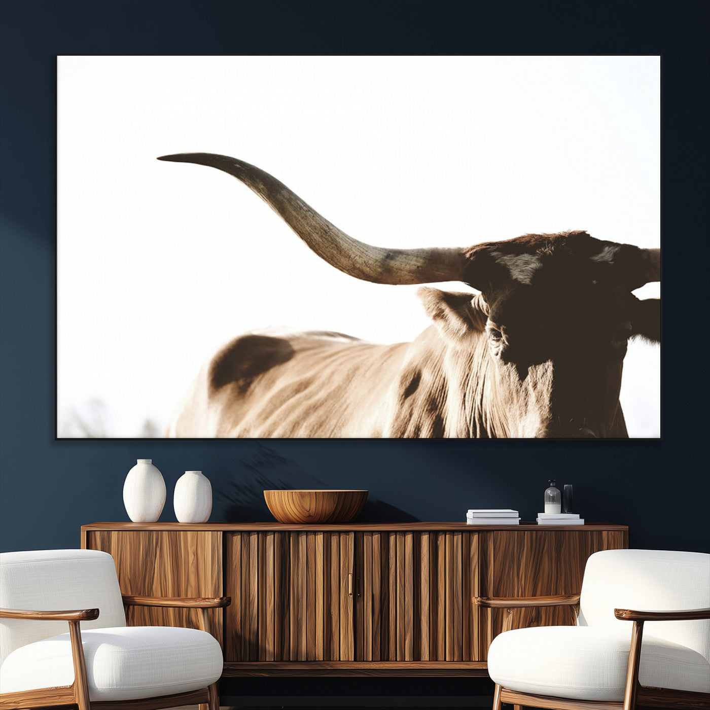 SEG-FC-51X34_Oversize - Texas Longhorn Wall Art Canvas Print | 3-Panel Large Longhorn Canvas Print for Living Room, Framed