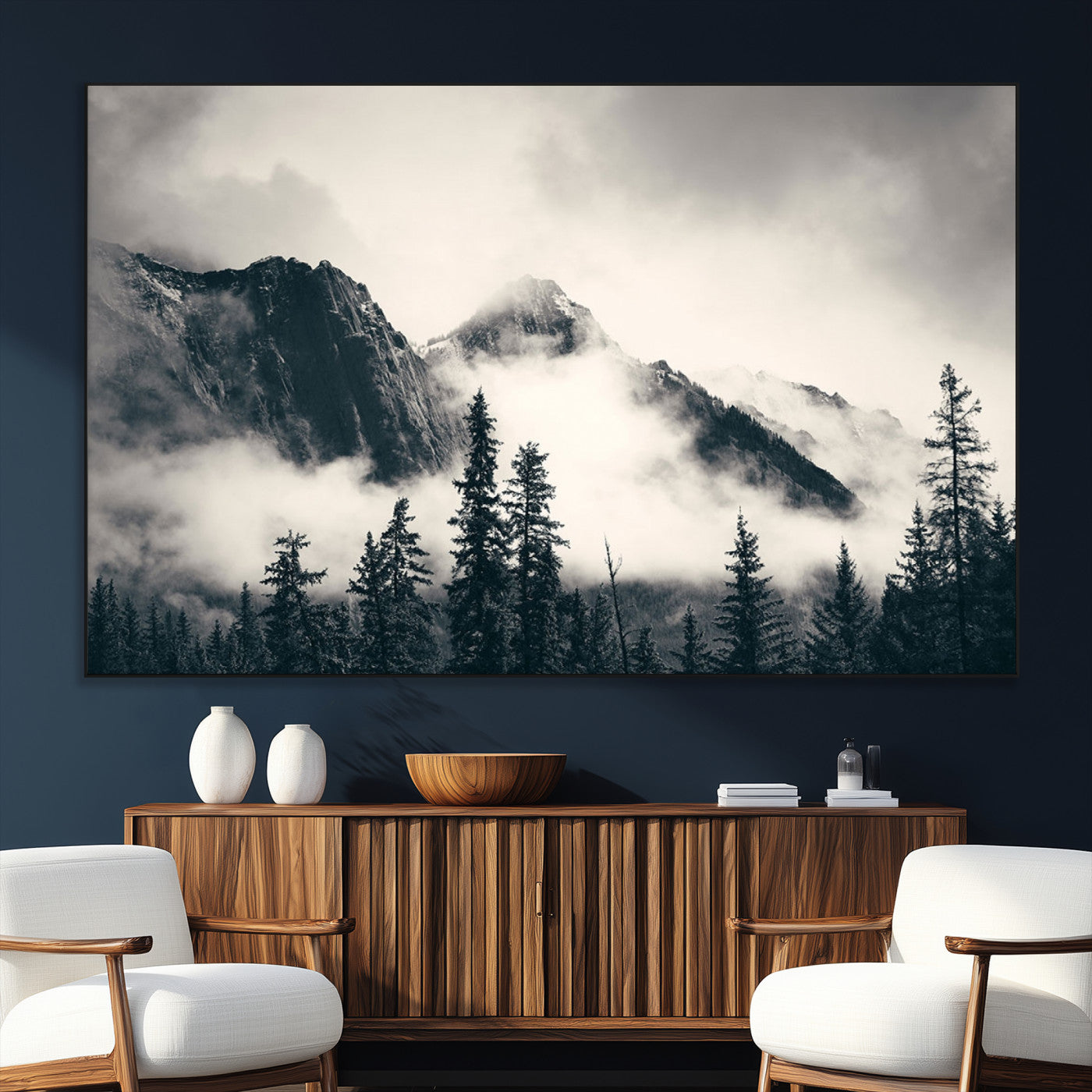 SEG-FC-51X34_Oversize - Forest Mountain Print - Black and White Canvas Wall Art with Misty Forest Design for Elegant and