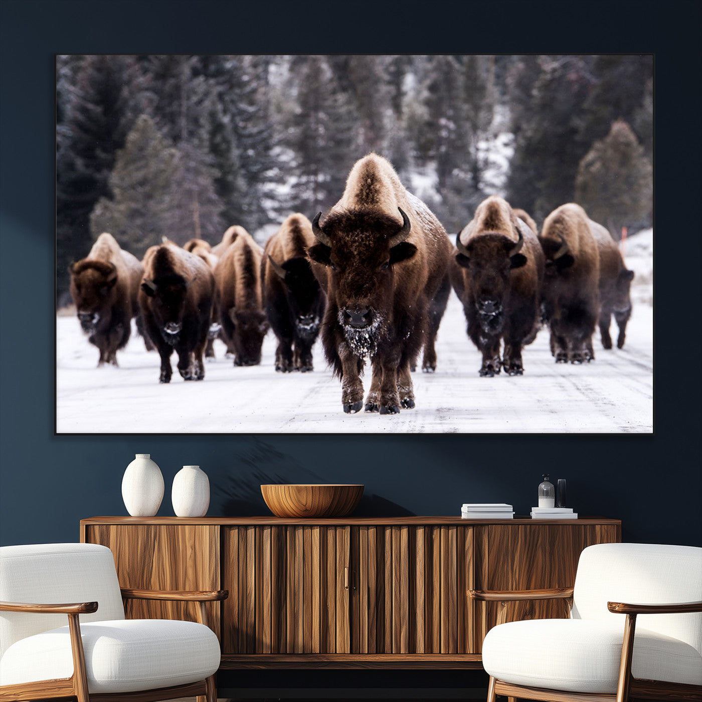SEG-FC-51X34_Oversize - Bison Wall Art Canvas Print- Bison Herd Canvas Wall Art – Majestic Wildlife Photography – Framed and