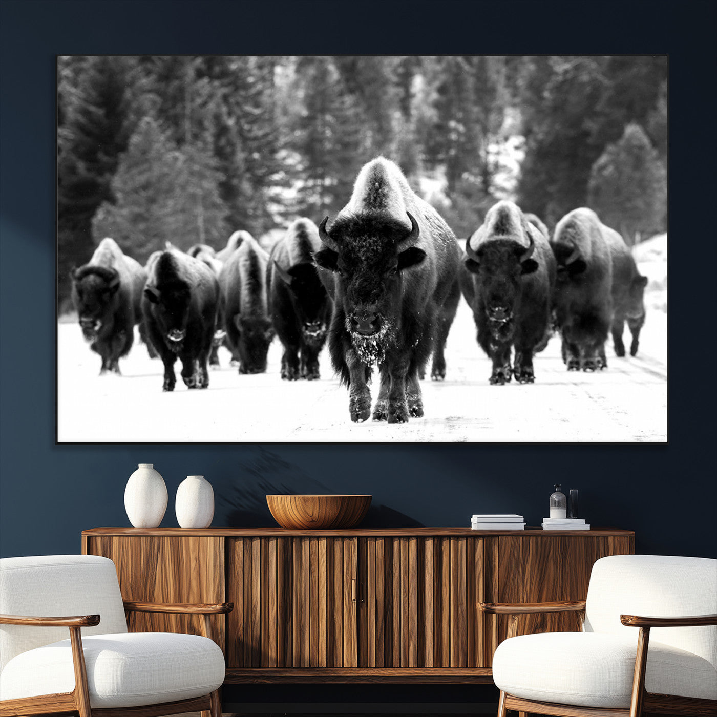 SEG-FC-51X34_Oversize - Bison Herd in Snow Wall Art Canvas Print | Rustic Western Bison Wall Art for Decor for Living Room,