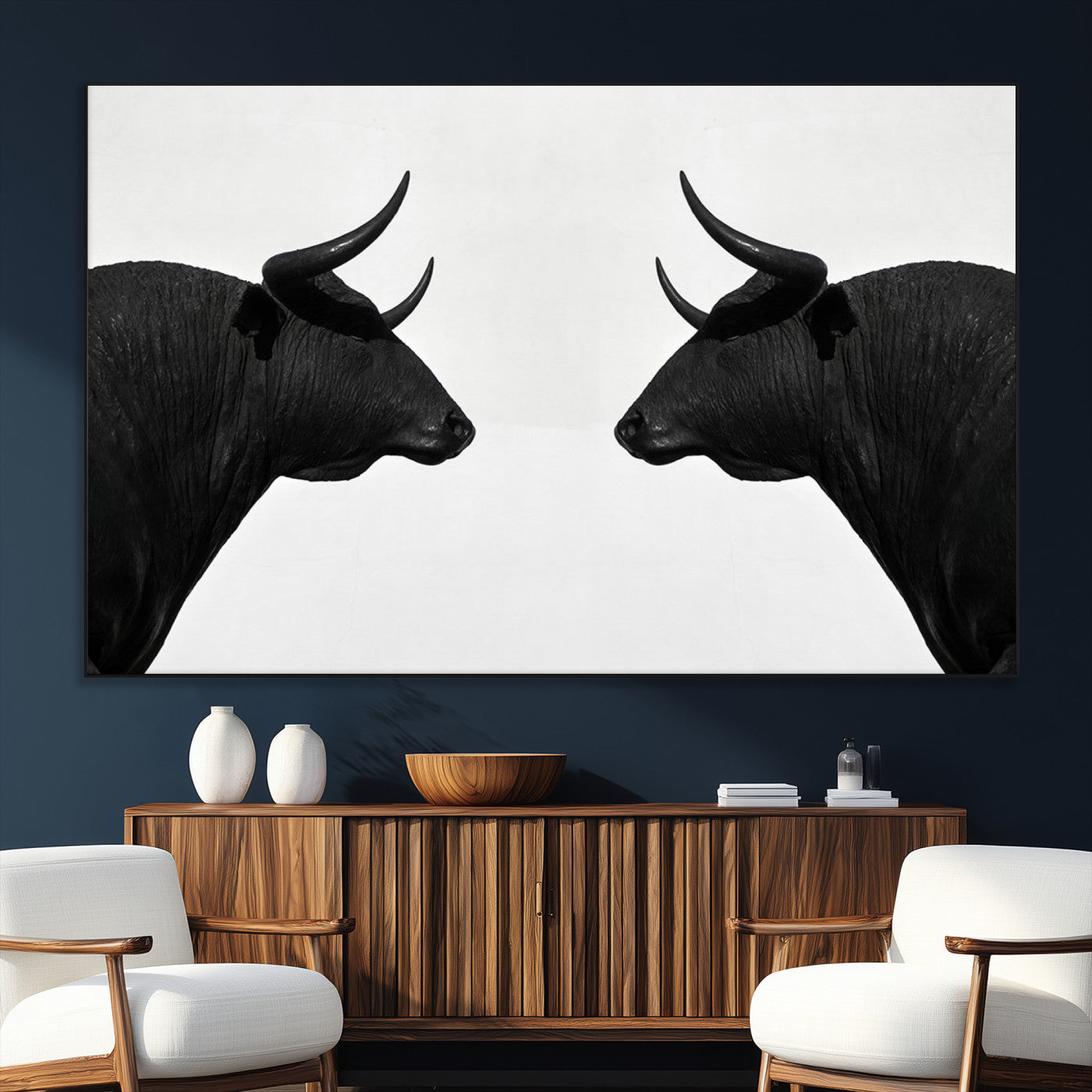 -Spanish Bull Art - Framed Black and White Bull Canvas Print for Modern Rustic Home or Office Decor