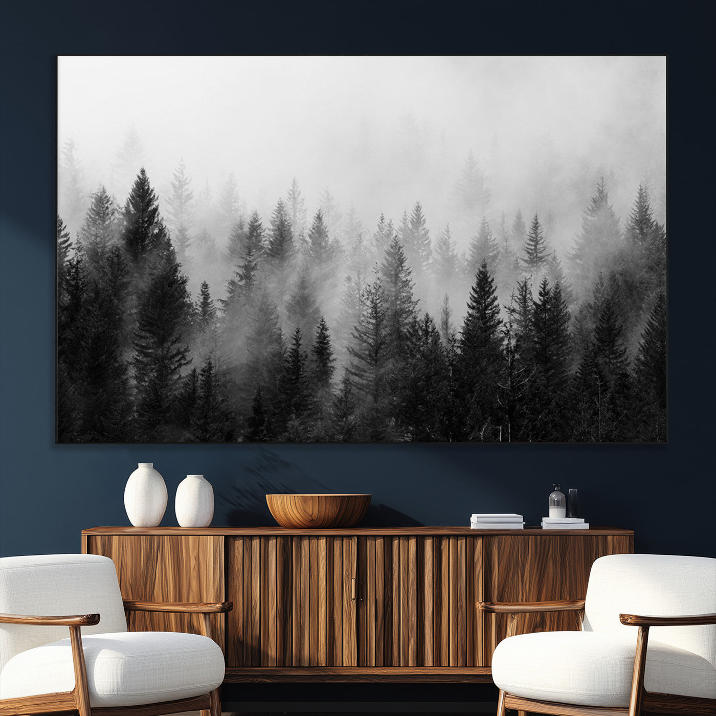 SEG-FC-51X34_Oversize - Fogy Forest Canvas Wall Art Print - Mountain Wall Art with Pine Trees and Misty Forest Canvas Print