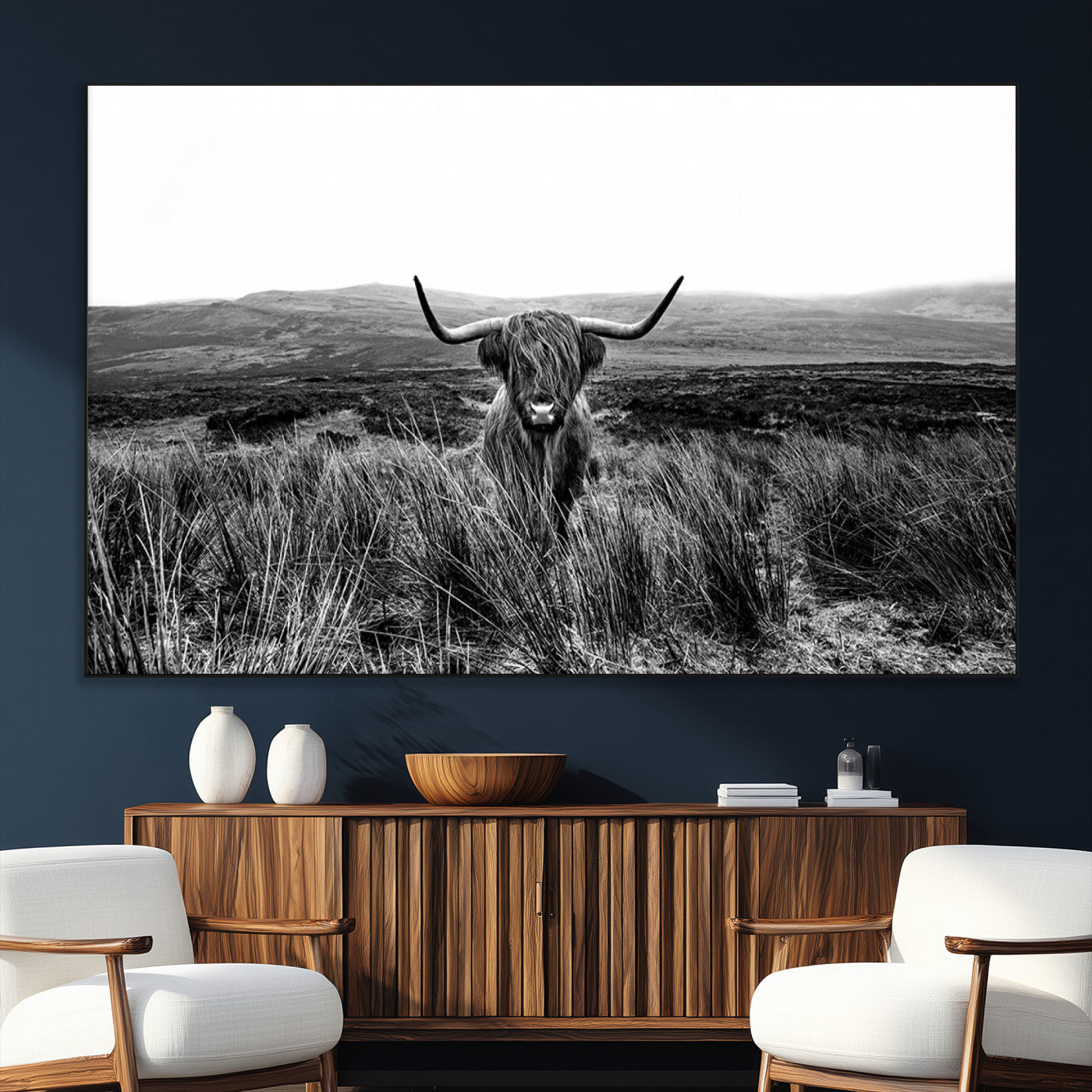 SEG-FC-51X34_Oversize - Black and White Highland Cow Canvas Wall Art, Longhorn Triptych Western Wall Decor for Cabin -
