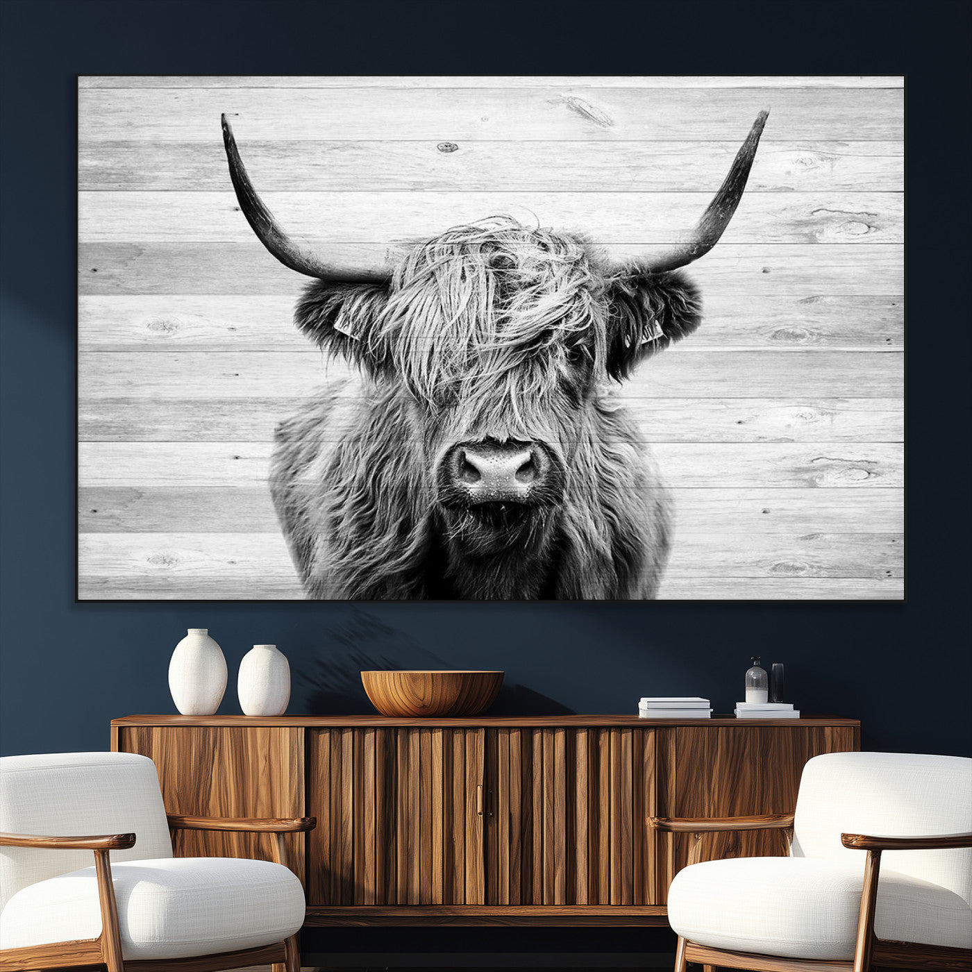 SEG-FC-51X34_Oversize - Scottish Highland Cow Cattle Art Print on Wood Background Style, Scottish Highland Cow Wall Art