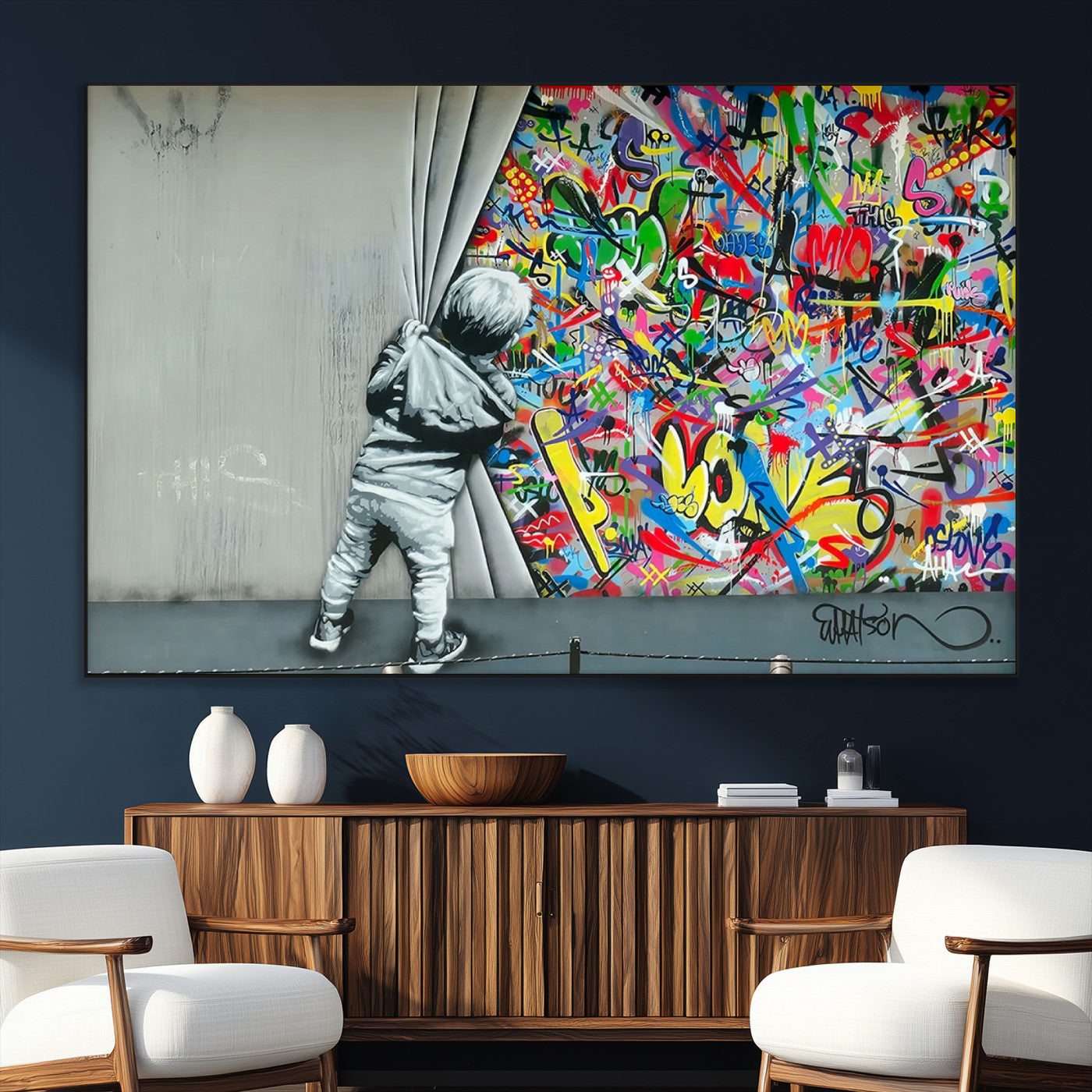 SEG-FC-51X34_Oversize - Banksy Colorful Street Graffiti Canvas Wall Art Print, Modern Art Triptych, Child and Graffiti Wall,