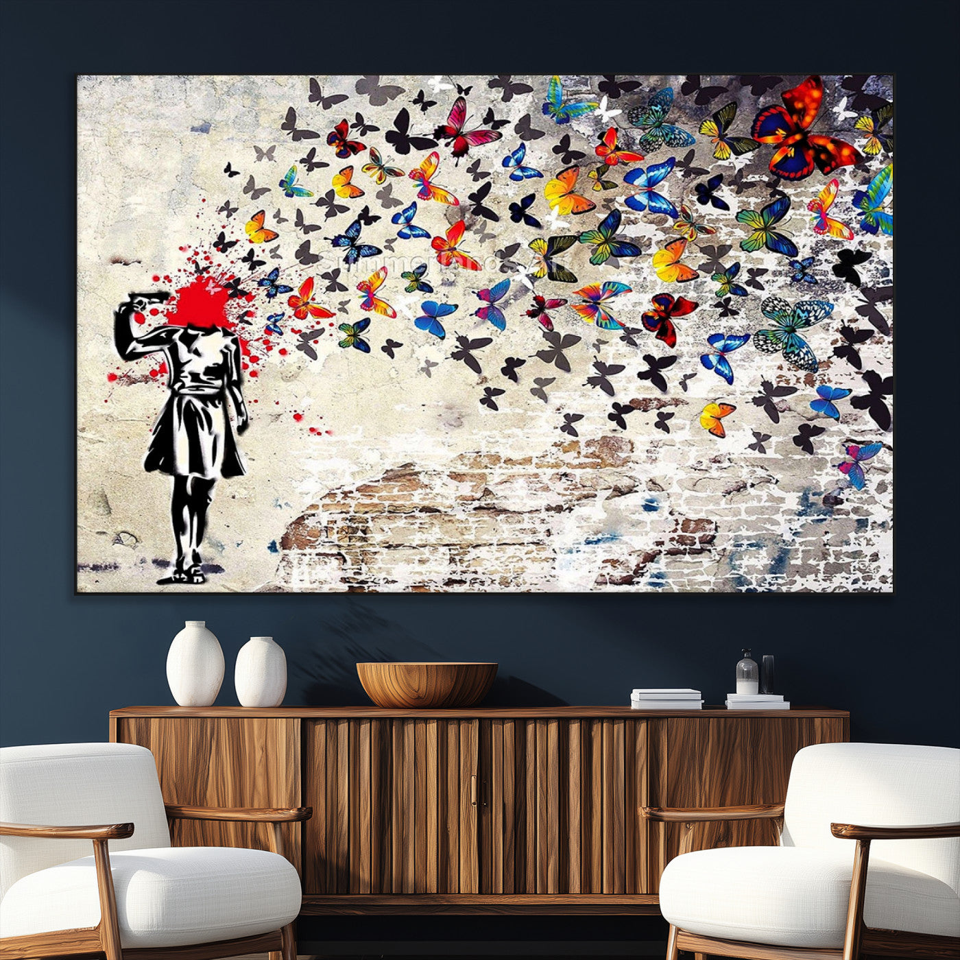 SEG-FC-51X34_Oversize - Banksy Art Butterfly Girl Explosion Canvas Art – Vibrant Urban Graffiti for Modern Interiors - Ready