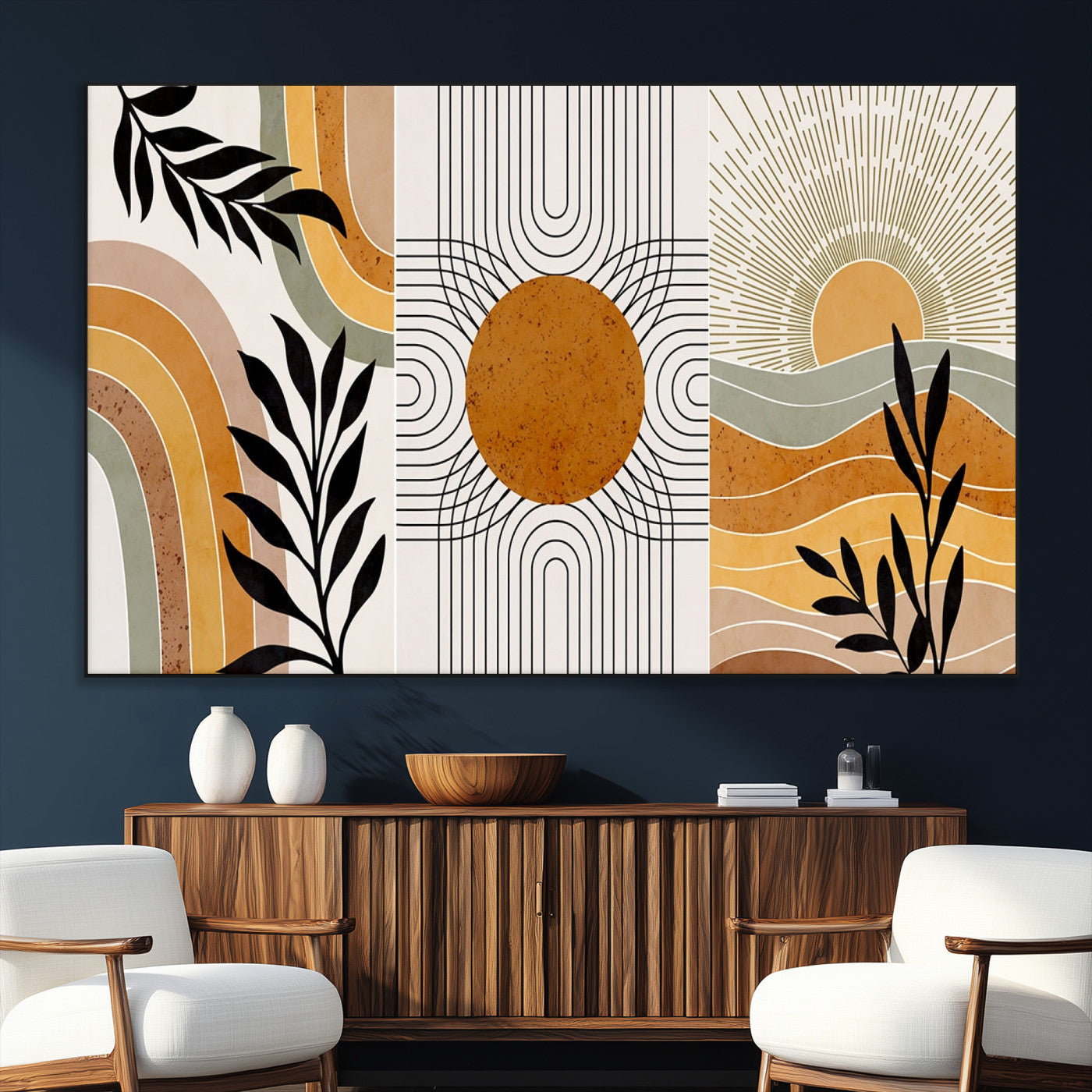 SEG-FC-51X34_Oversize - Modern Boho Sun and Leaf Abstract Art – 3-Panel Giclée Canvas for Mid-Century Modern or Bohemian